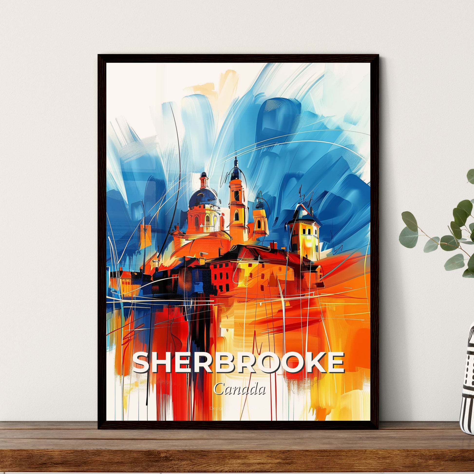 Vibrant Sherbrooke, Canada - A Painting Of A Building With A Blue And Orange Background