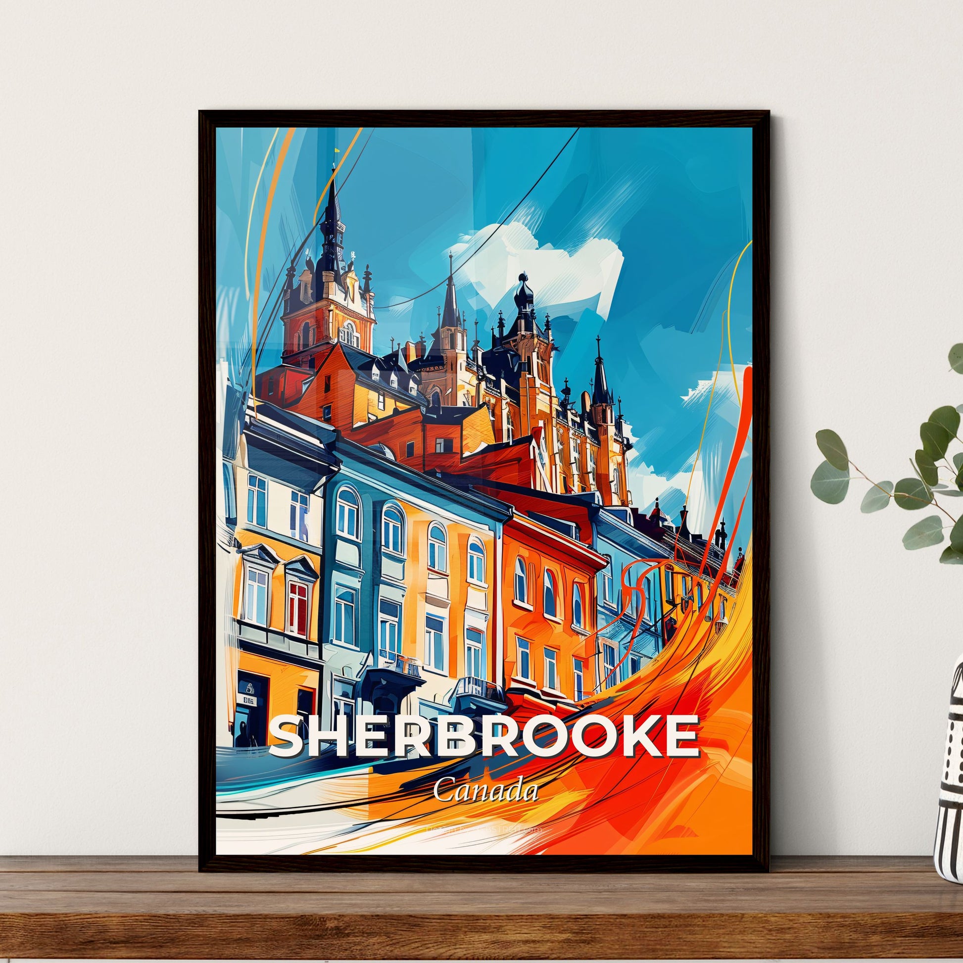 Vibrant Sherbrooke, Canada - A Painting Of A Skyline With A Colorful Building