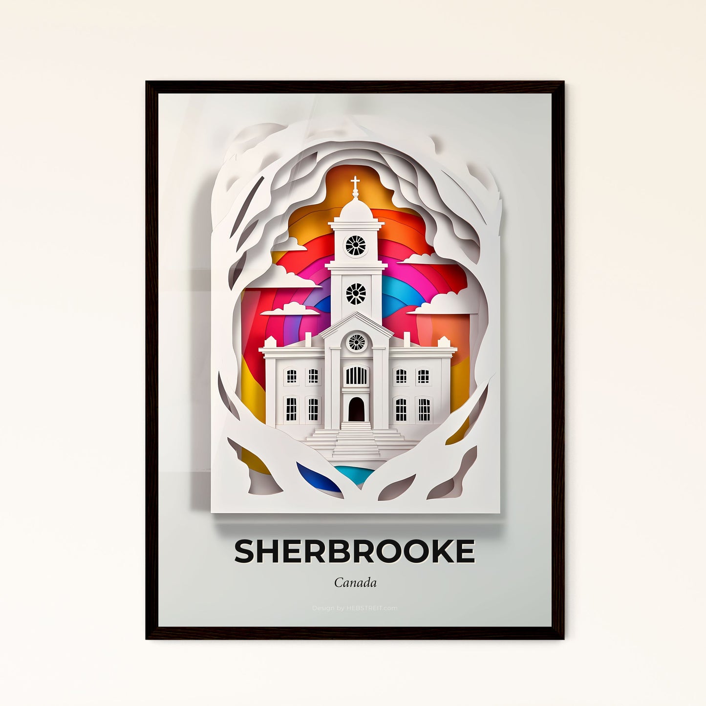 Vivid Sherbrooke, Canada - a paper cut of a church with a rainbow in the background