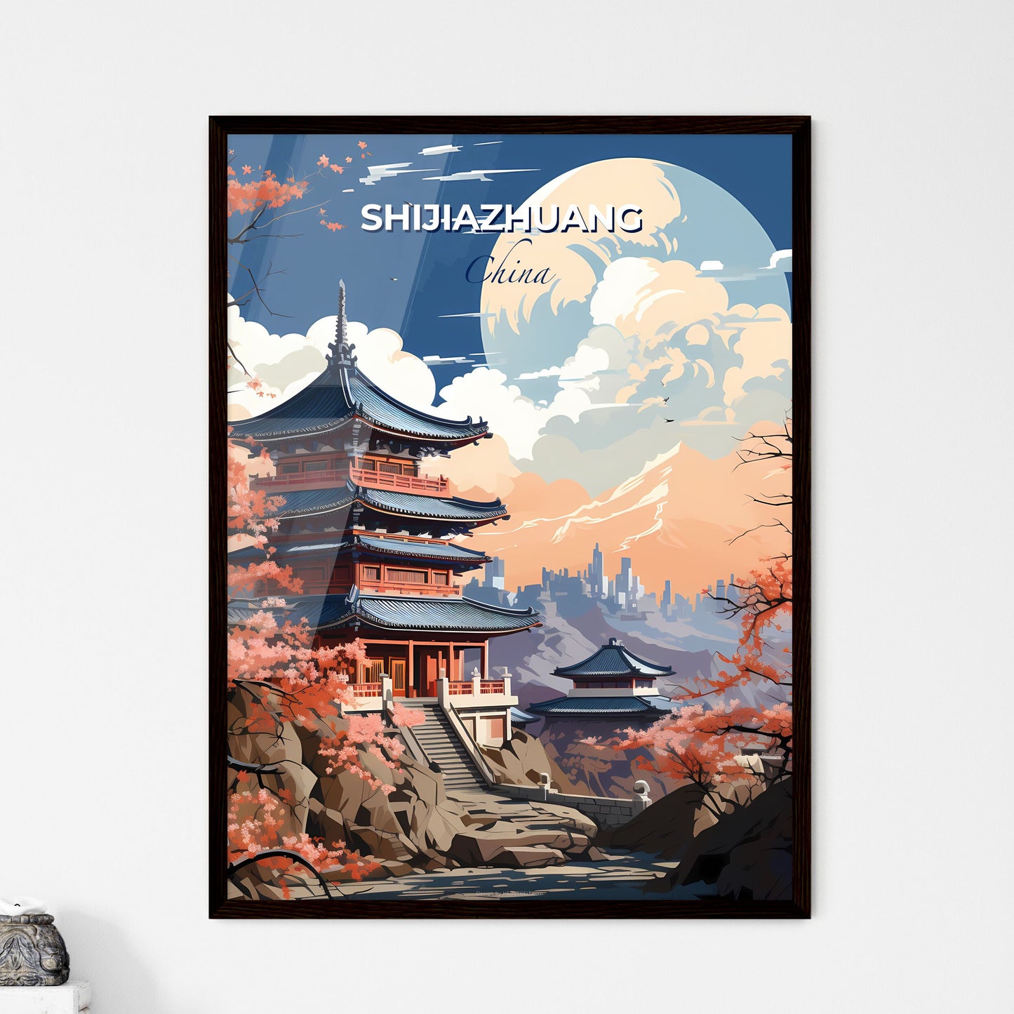 Vibrant Artistic Skyline Painting of Shijiazhuang City China with Pagoda, Mountain, and Trees Default Title