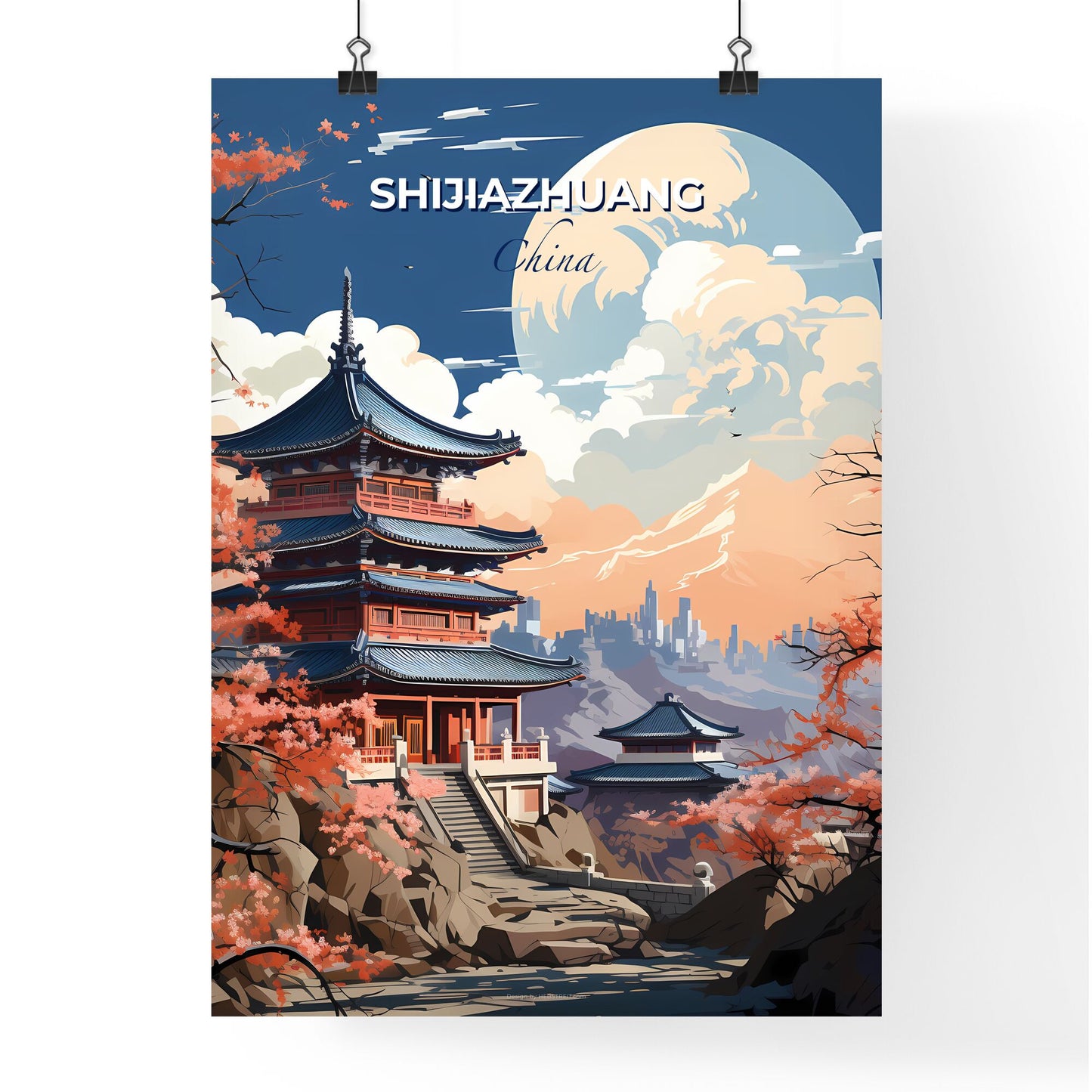 Vibrant Artistic Skyline Painting of Shijiazhuang City China with Pagoda, Mountain, and Trees Default Title