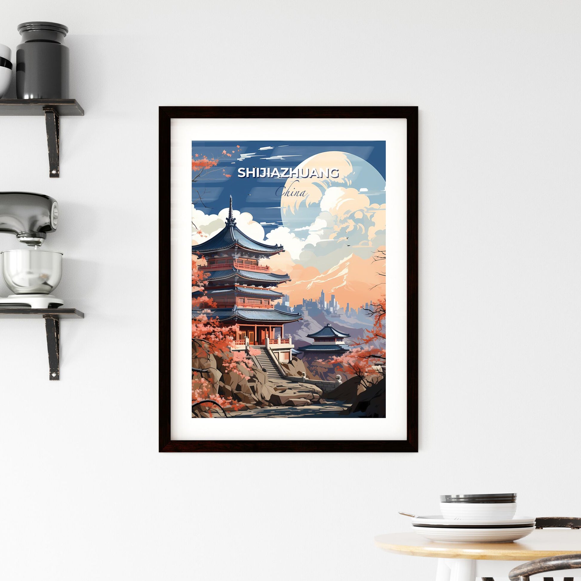 Vibrant Artistic Skyline Painting of Shijiazhuang City China with Pagoda, Mountain, and Trees Default Title