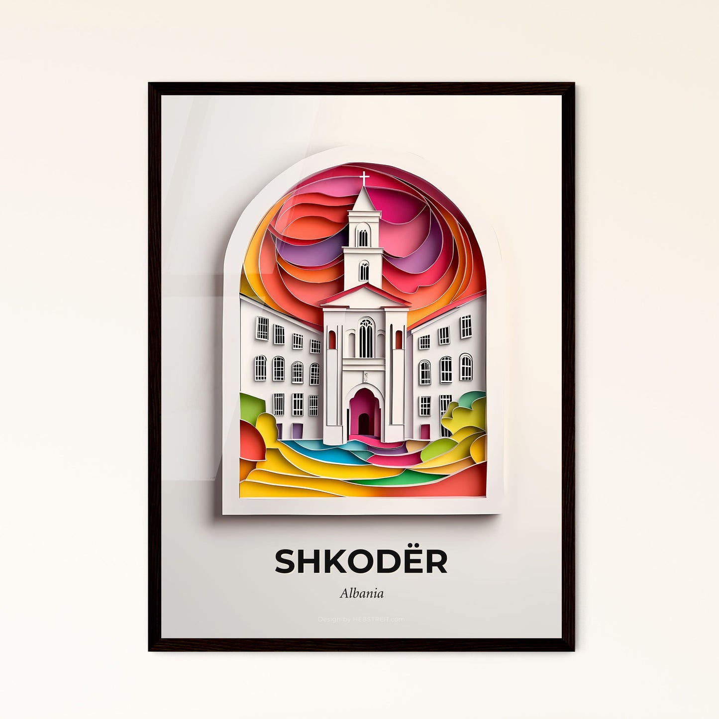 Vivid Shkodër, Albania - a paper cut of a church with a rainbow sky