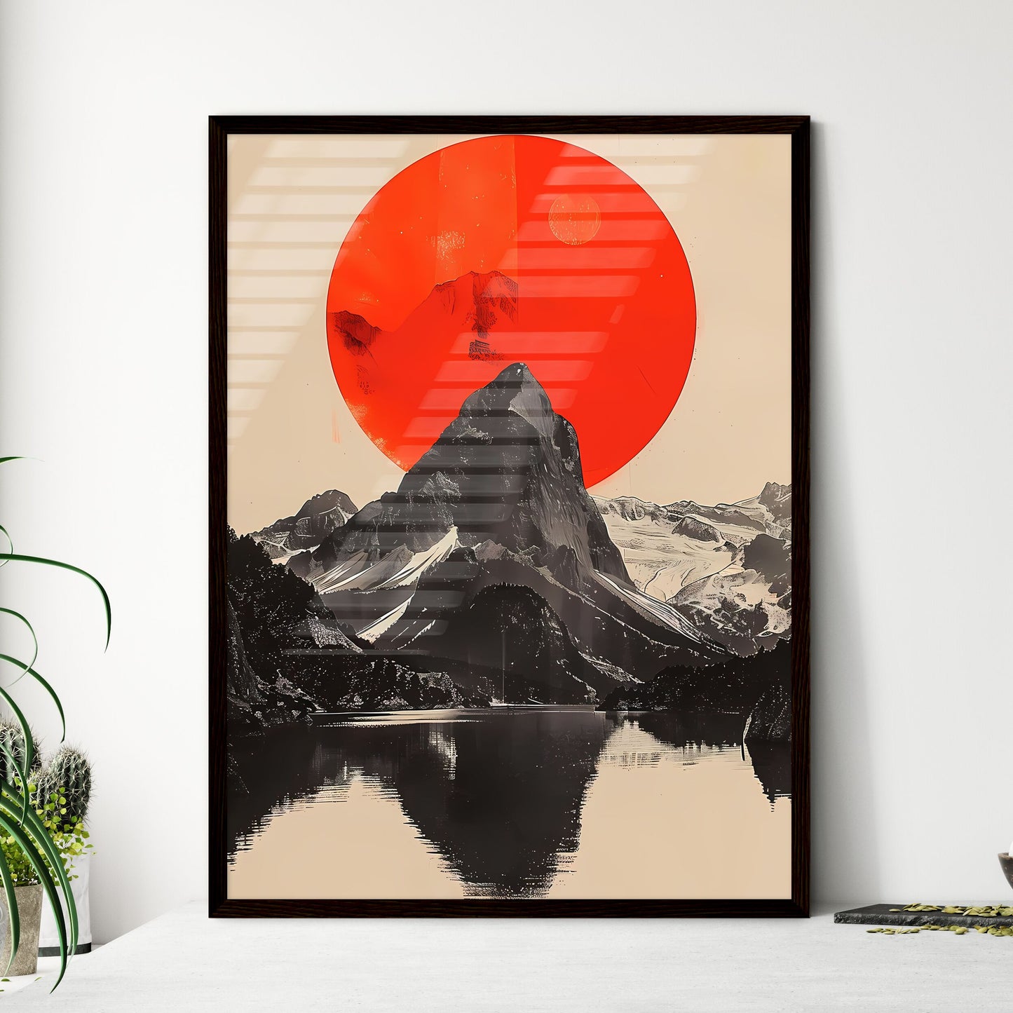 Crimson Disc Over Mountain Peaks - Framed Art Print