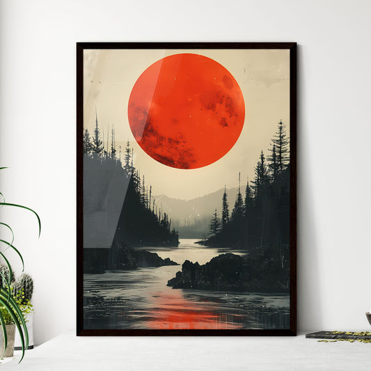 Minimalist Forest Landscape Album Cover with Red Moon and River, Digital Art Default Title