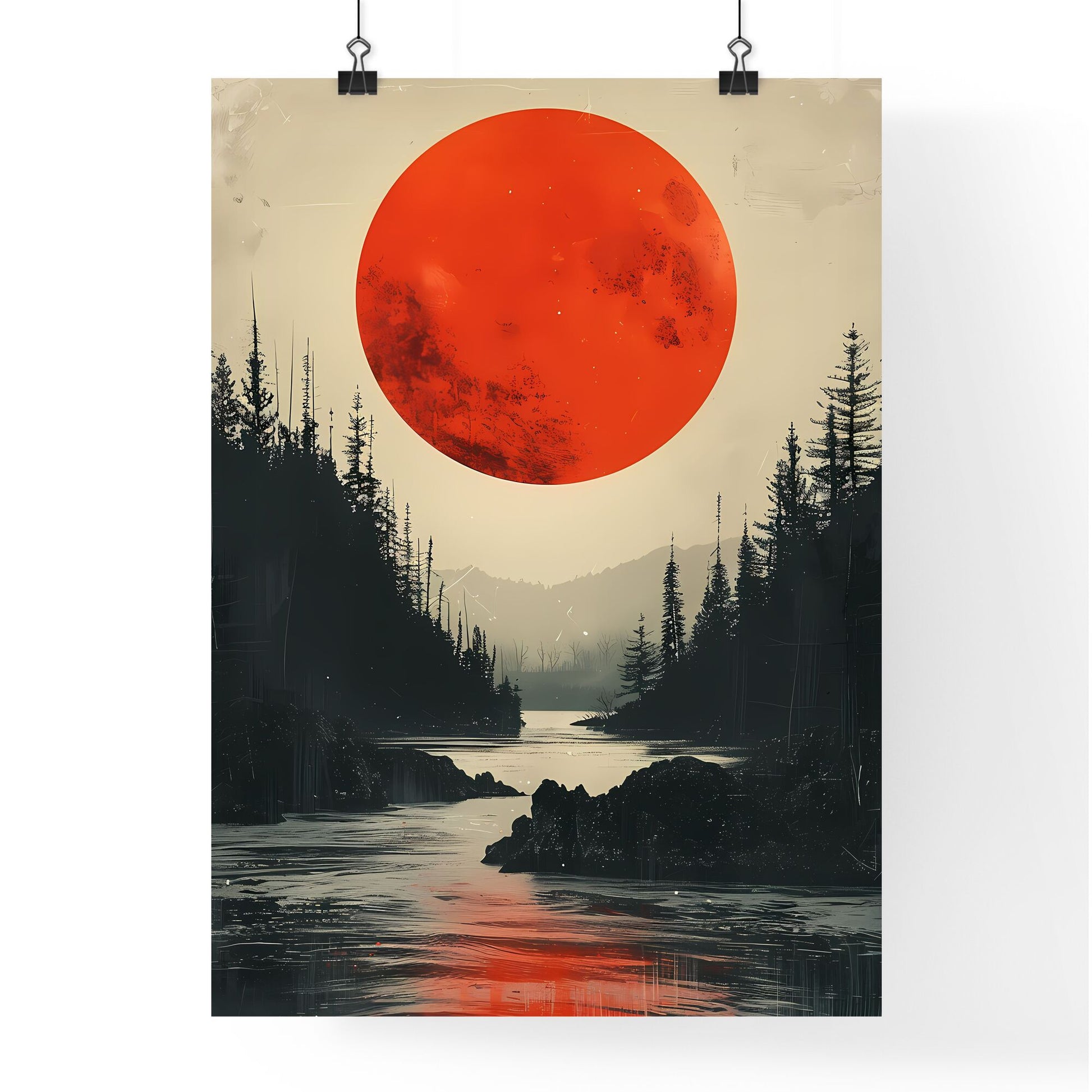 Minimalist Forest Landscape Album Cover with Red Moon and River, Digital Art Default Title