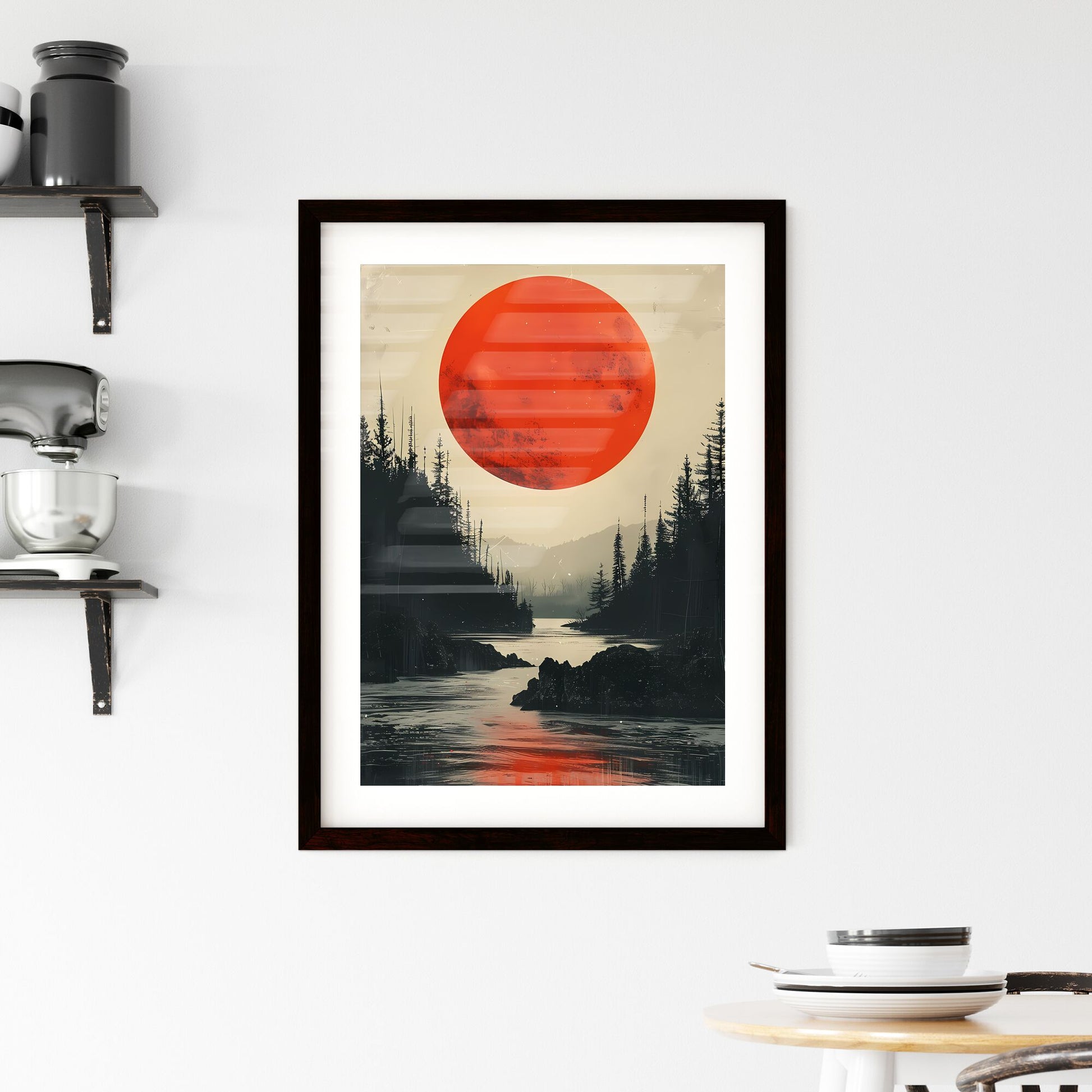 Minimalist Forest Landscape Album Cover with Red Moon and River, Digital Art Default Title