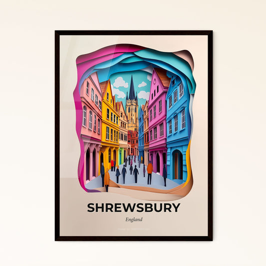 Vivid Shrewsbury, England - a colorful city street with people walking on it