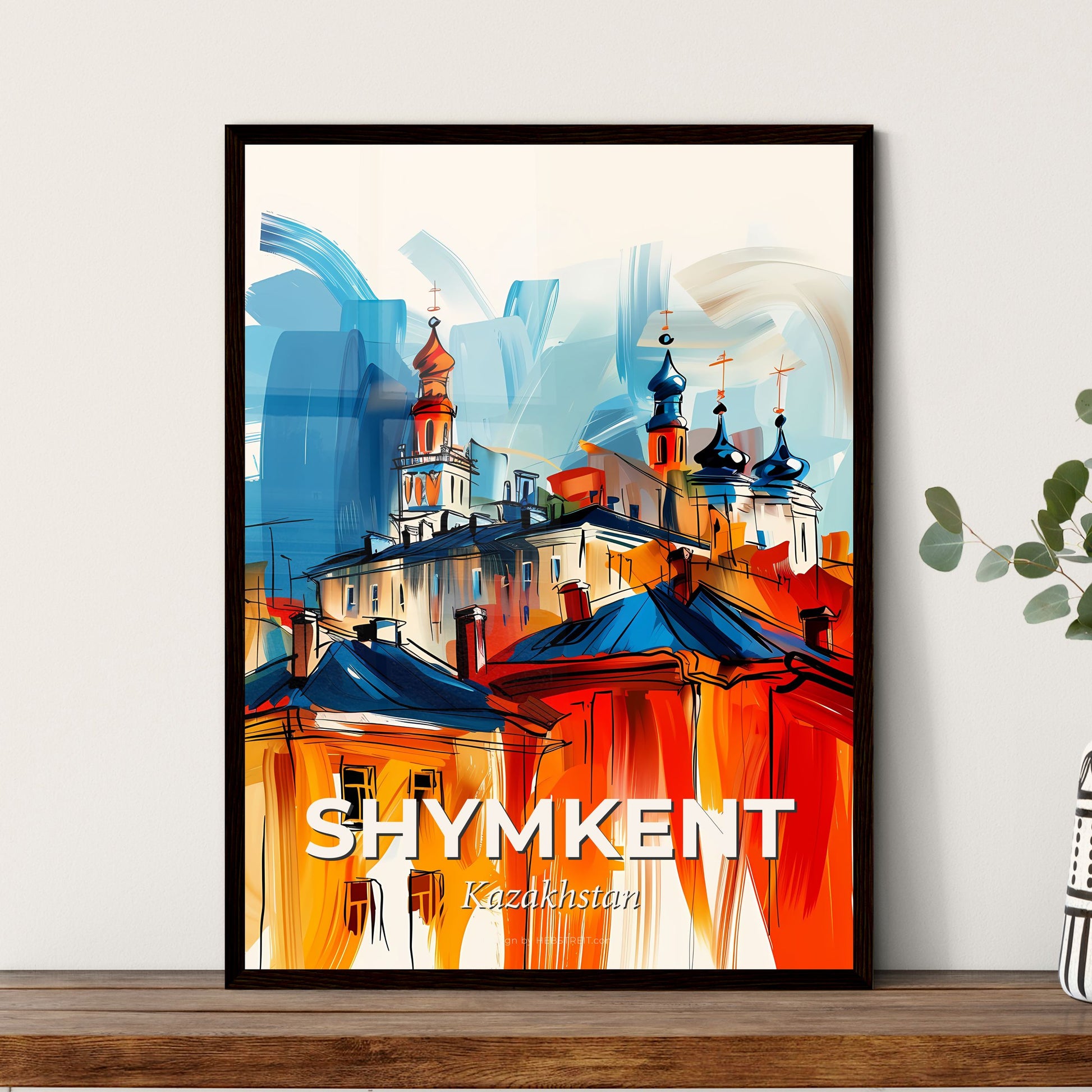 Vibrant Shymkent, Kazakhstan - A Painting Of A Building With A Tower