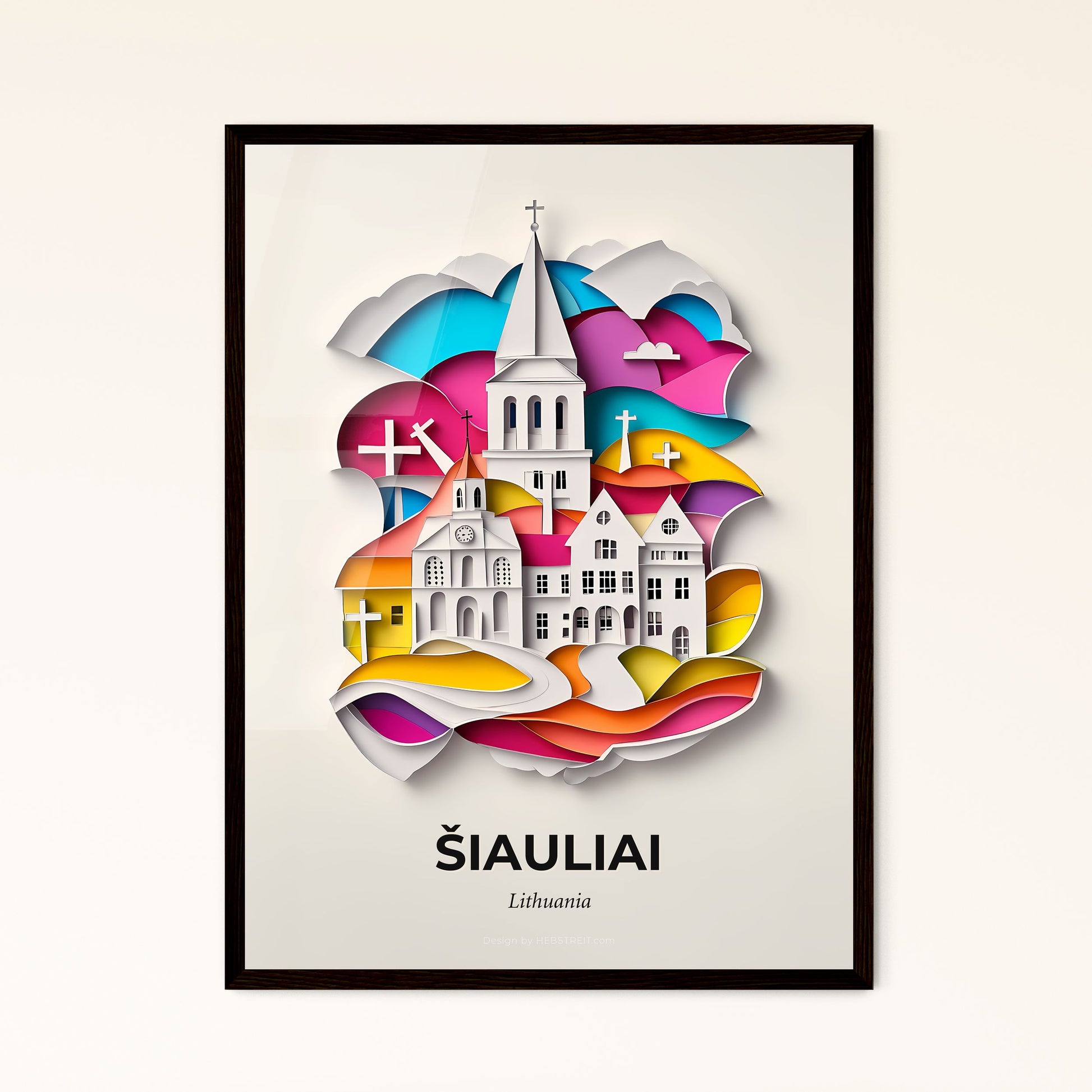 Vivid Šiauliai, Lithuania - a church with a cross and a rainbow colored sky