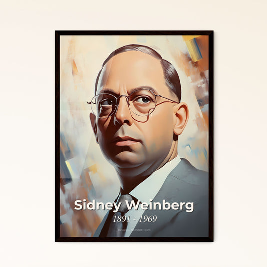 Portrait of Sidney Weinberg, 1891 - 1969. Impressionistic painting of a man wearing glasses and a suit.