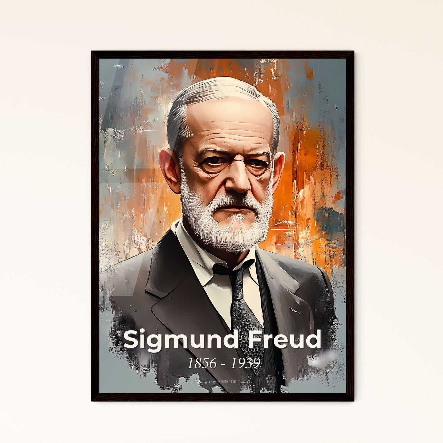 Portrait of Sigmund Freud, 1856 - 1939. Impressionistic painting of a man with a white beard and a suit.