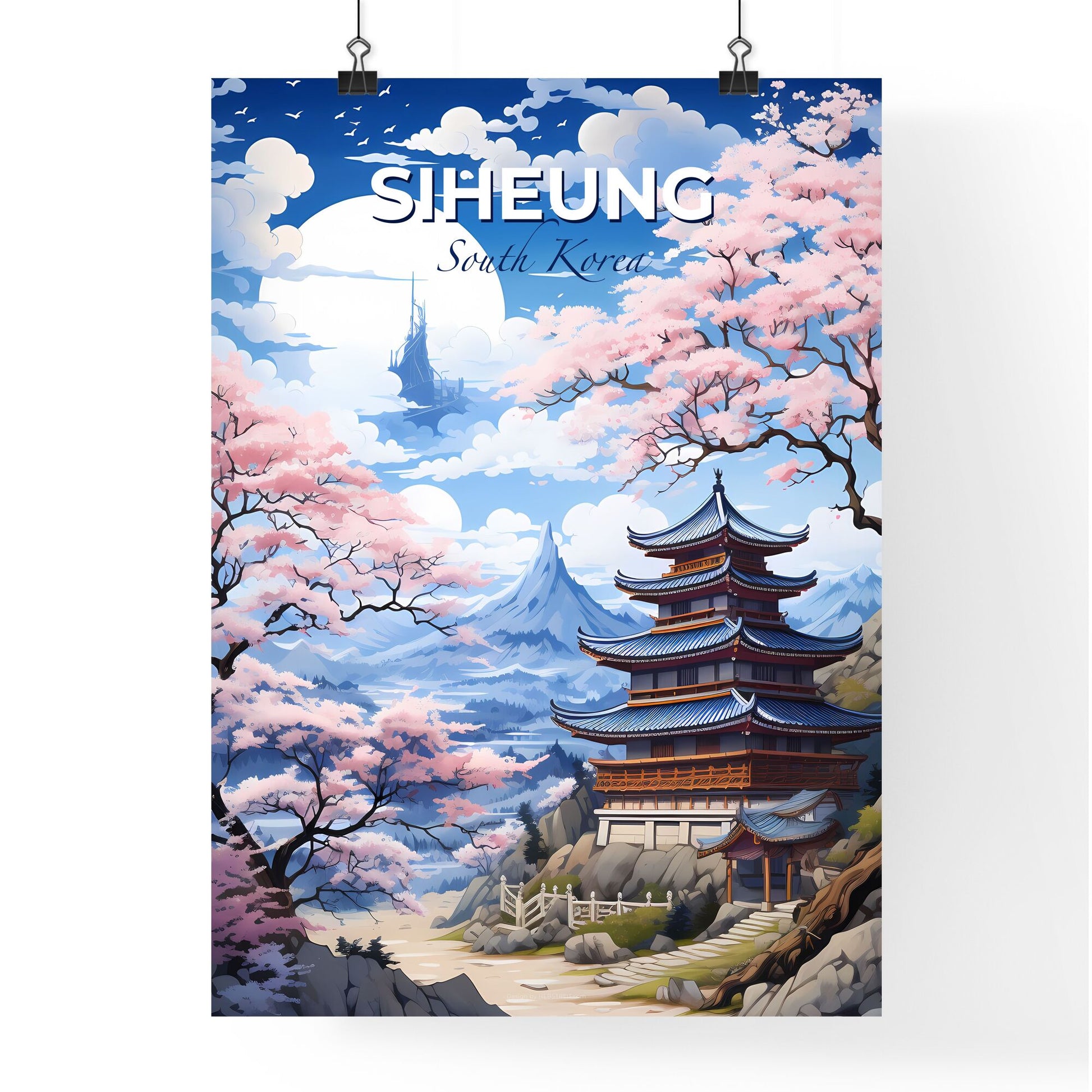 South Korea Skyline Pagoda Painting Cherry Blossoms Mount Hill Traditional Art Default Title