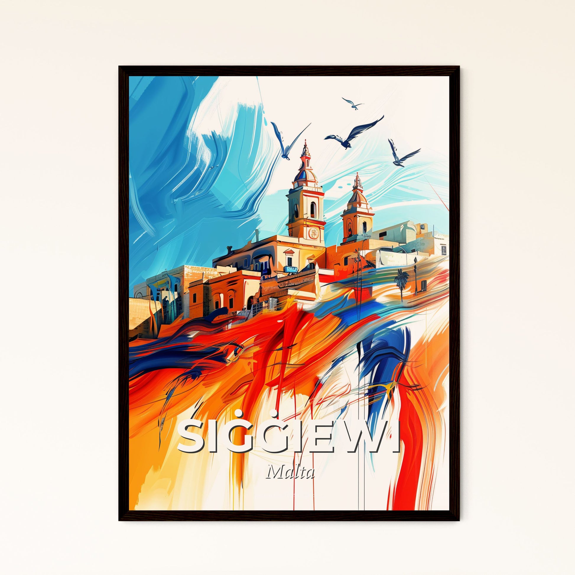 Vibrant Siġġiewi, Malta - A Painting Of A Building With Birds Flying In The Sky