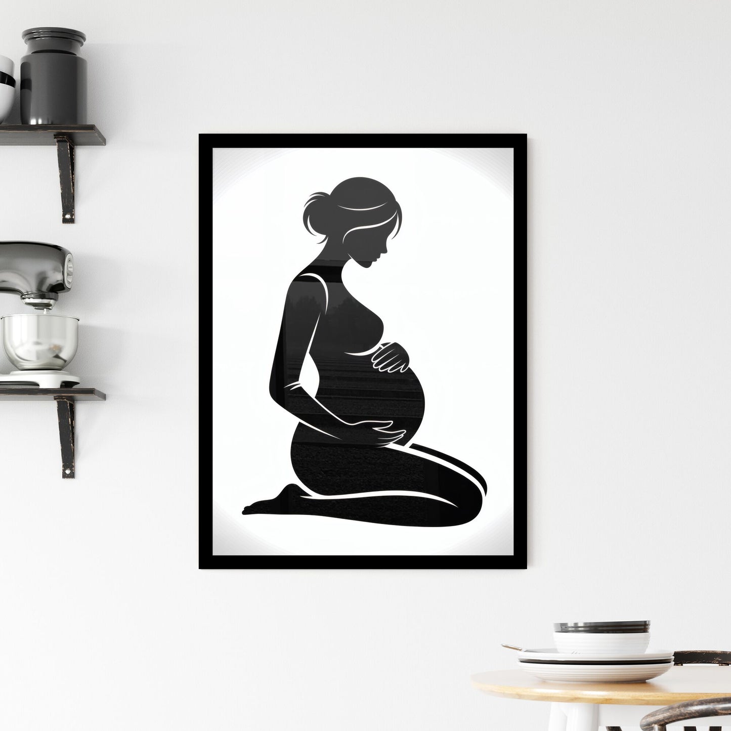 Silhouette of a Pregnant Woman Embracing Her Baby Bump in Soft Light Framed Print