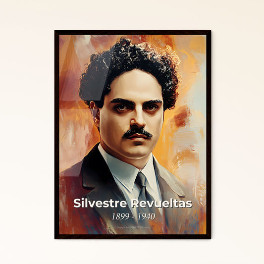 Portrait of Silvestre Revueltas, 1899 - 1940. Impressionistic painting of a man with curly hair and mustache.