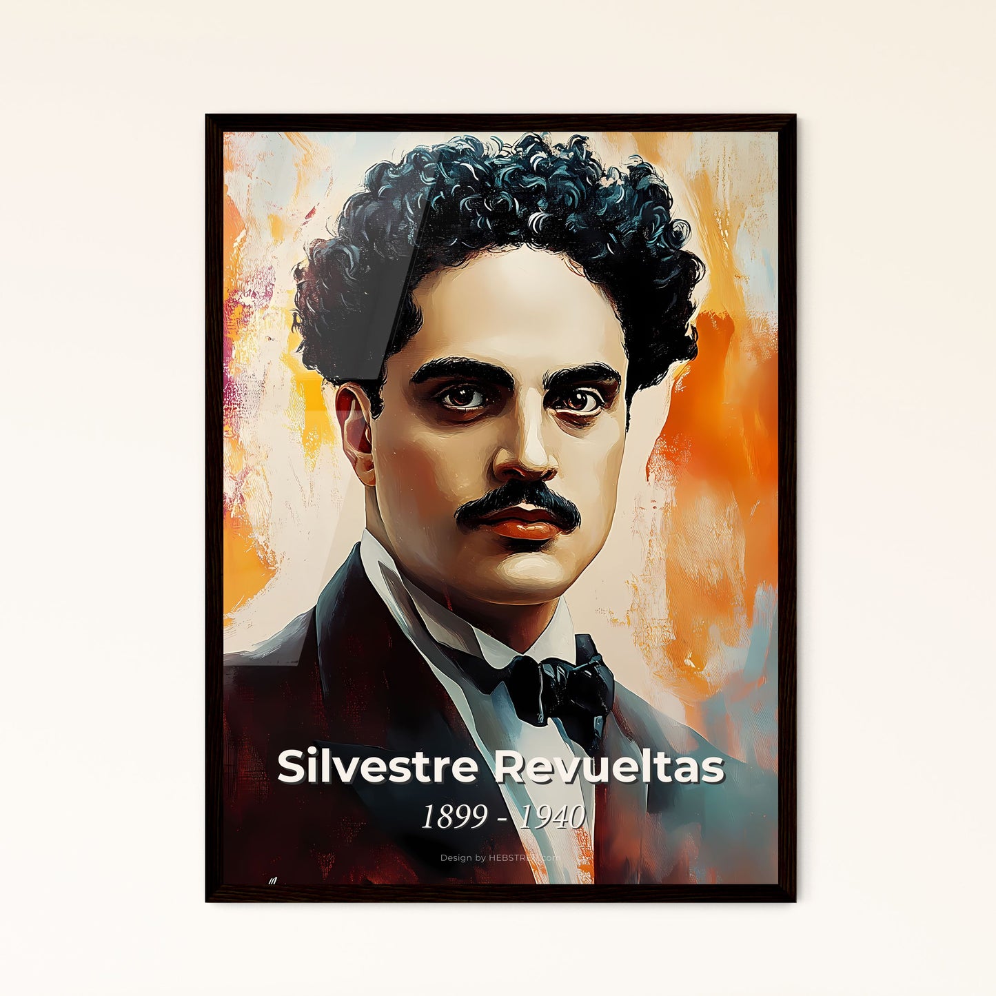 Portrait of Silvestre Revueltas, 1899 - 1940. Impressionistic painting of a man with curly hair and a mustache.