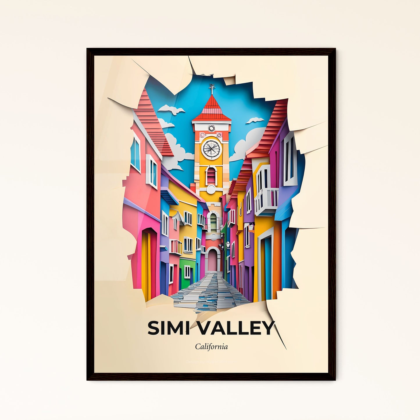 Vivid Simi Valley, California - a clock tower is seen through a hole in a paper cutout