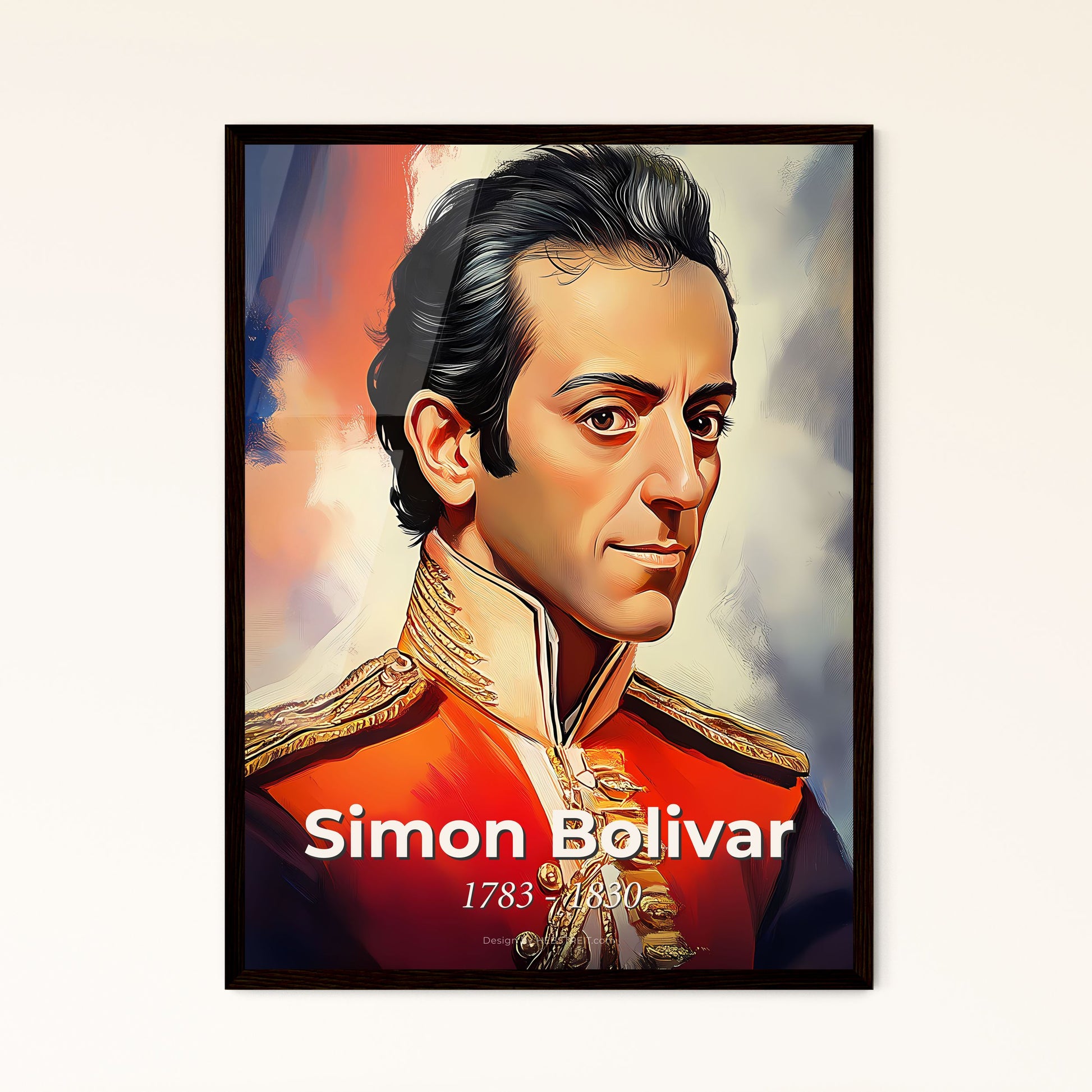 Portrait of Simon Bolivar, 1783 - 1830. Impressionistic painting of a man in a military uniform.