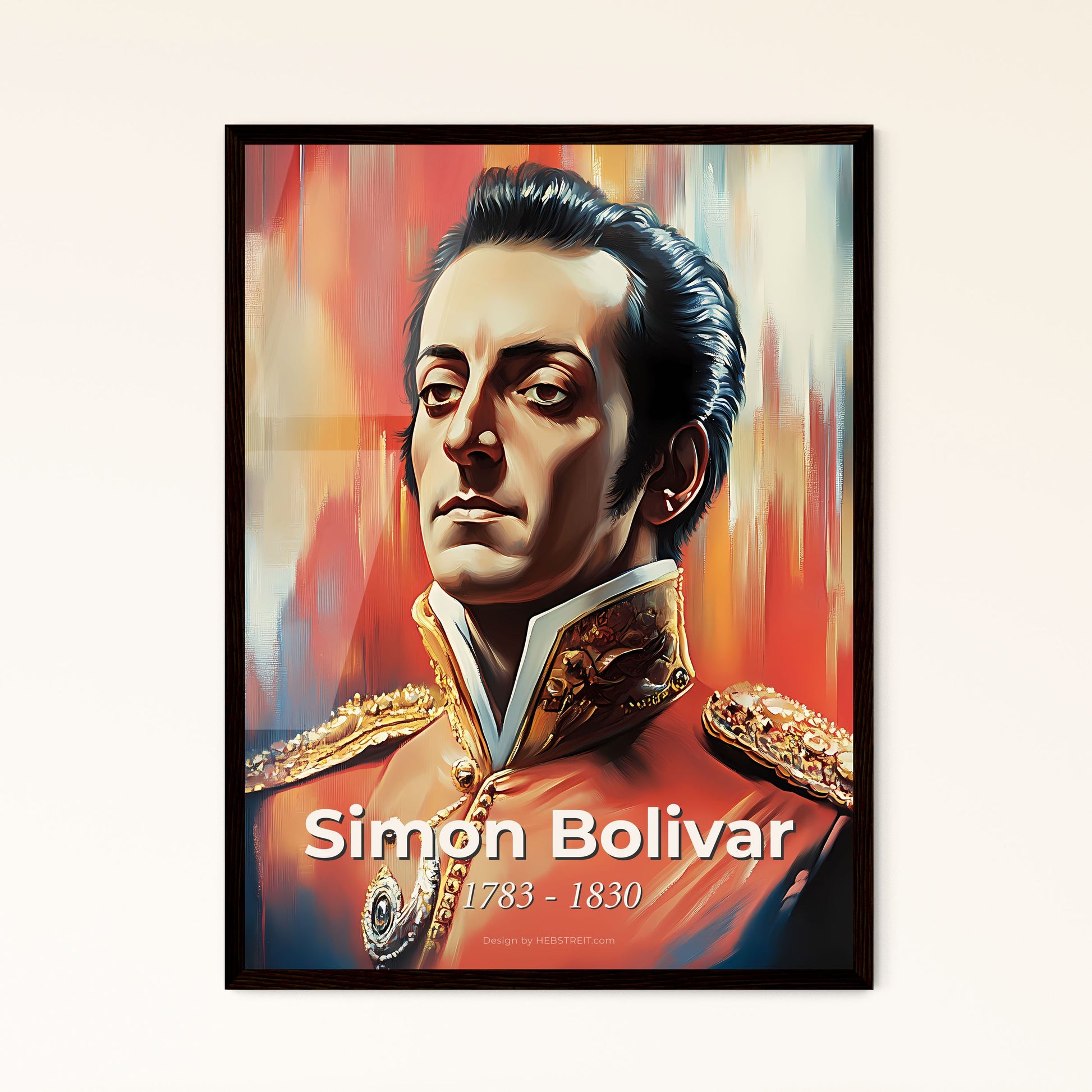 Portrait of Simon Bolivar, 1783 - 1830. Impressionistic painting of a man in a military uniform.