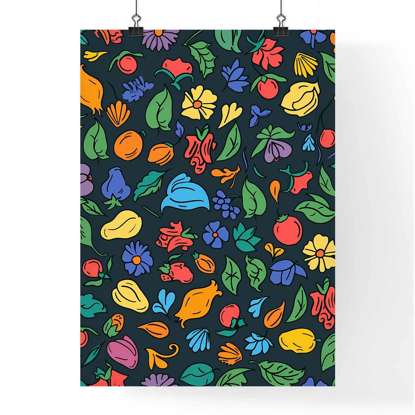 Cheerful seamless pattern with hand drawn fruit and flowers in childish doodle style Default Title