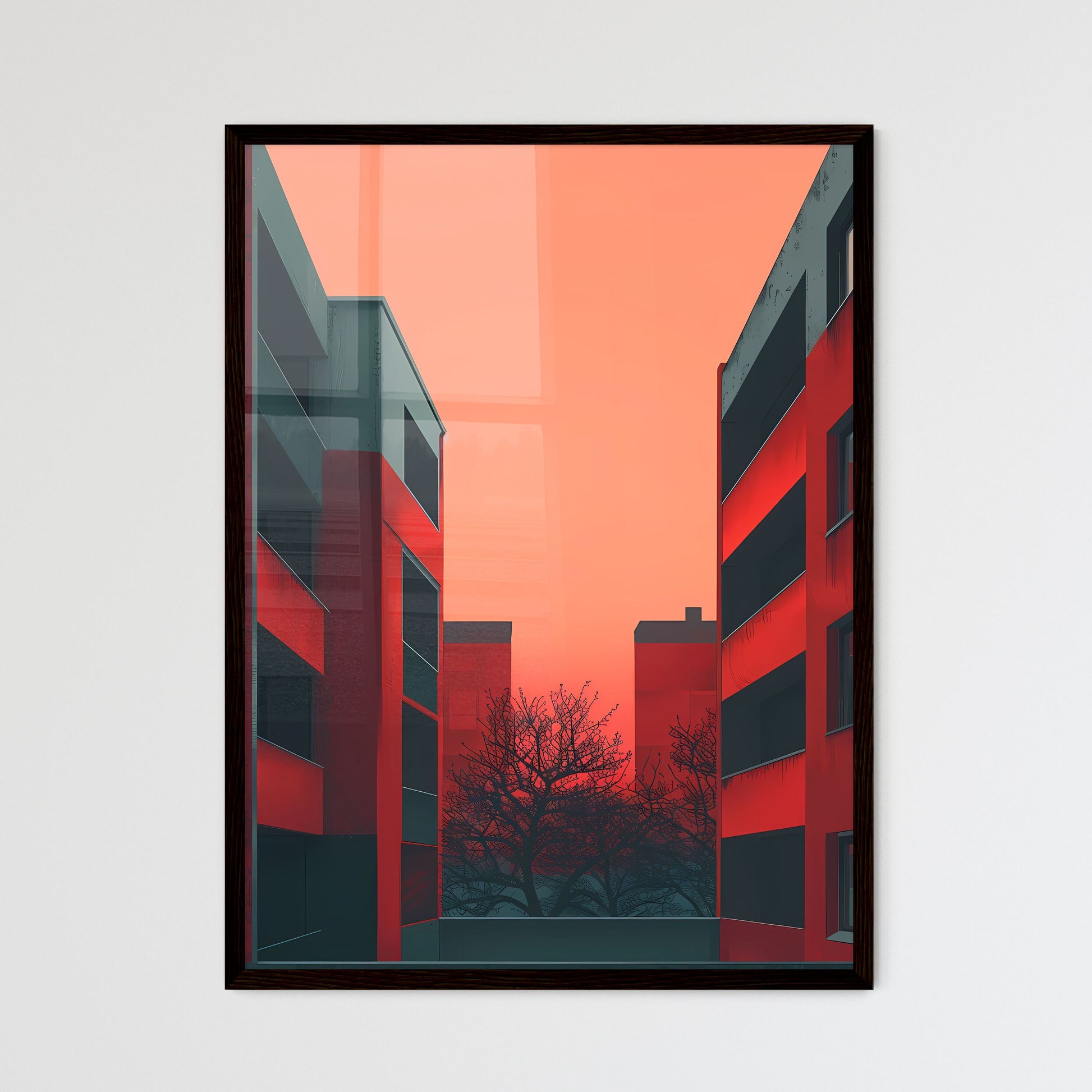Minimalist Brutalist Art - Vibrant Painting of a Red and Gray Building with Nature Framed Art