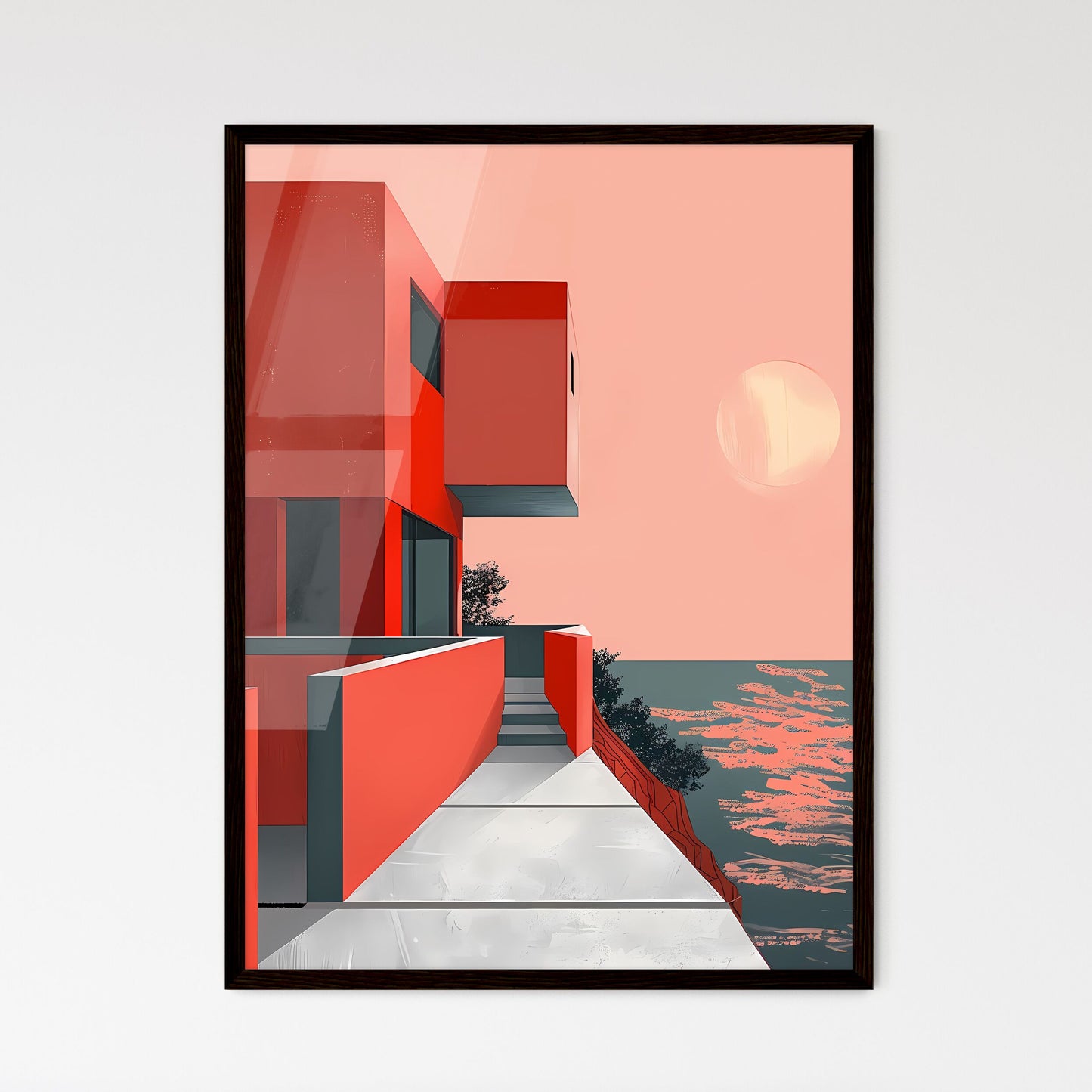 Minimalist Brutalism Art: Red Building Under Sun Framed Art