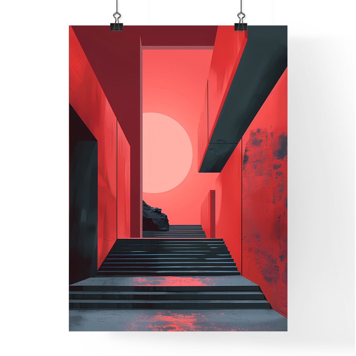 Minimalist Brutalism Art: Vibrant Red and Black Stairway Painting, Abstract Contemporary Artwork Default Title