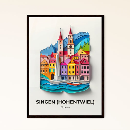 Vivid Singen (Hohentwiel), Germany - a paper cut of a city with a fountain