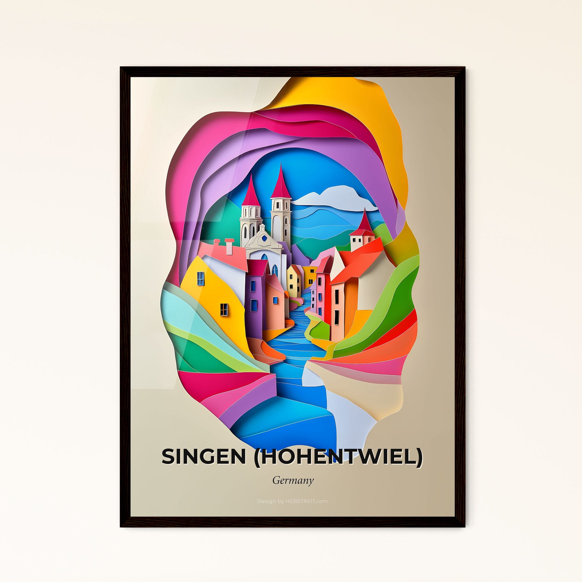 Vivid Singen (Hohentwiel), Germany - a colorful paper cut of a city with a river