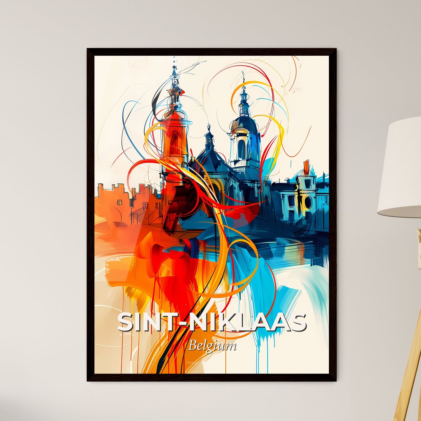 Vibrant Sint-Niklaas , Belgium - A Painting Of A Building With Colorful Swirls