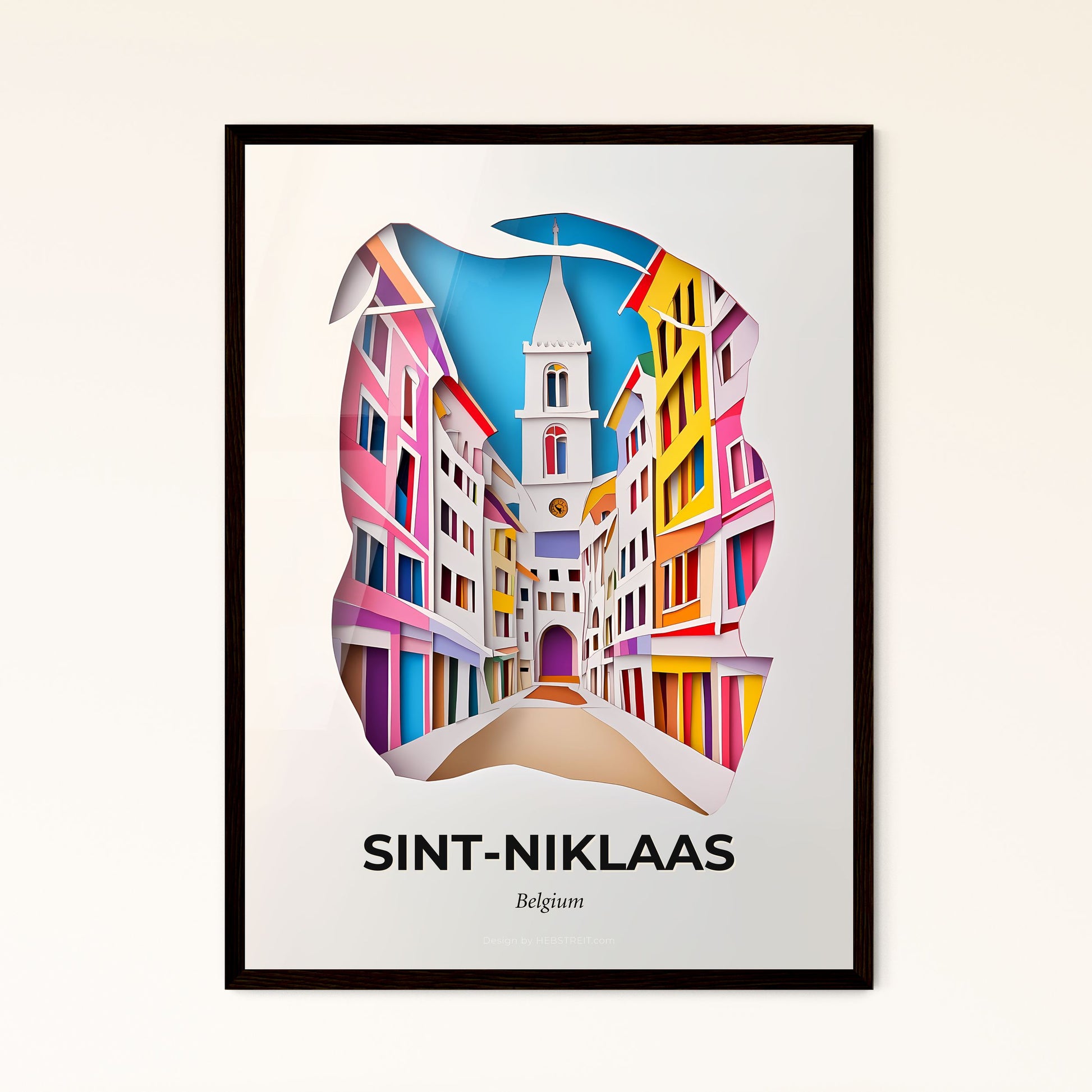 Vivid Sint-Niklaas , Belgium - a paper cut of a city street with a clock tower