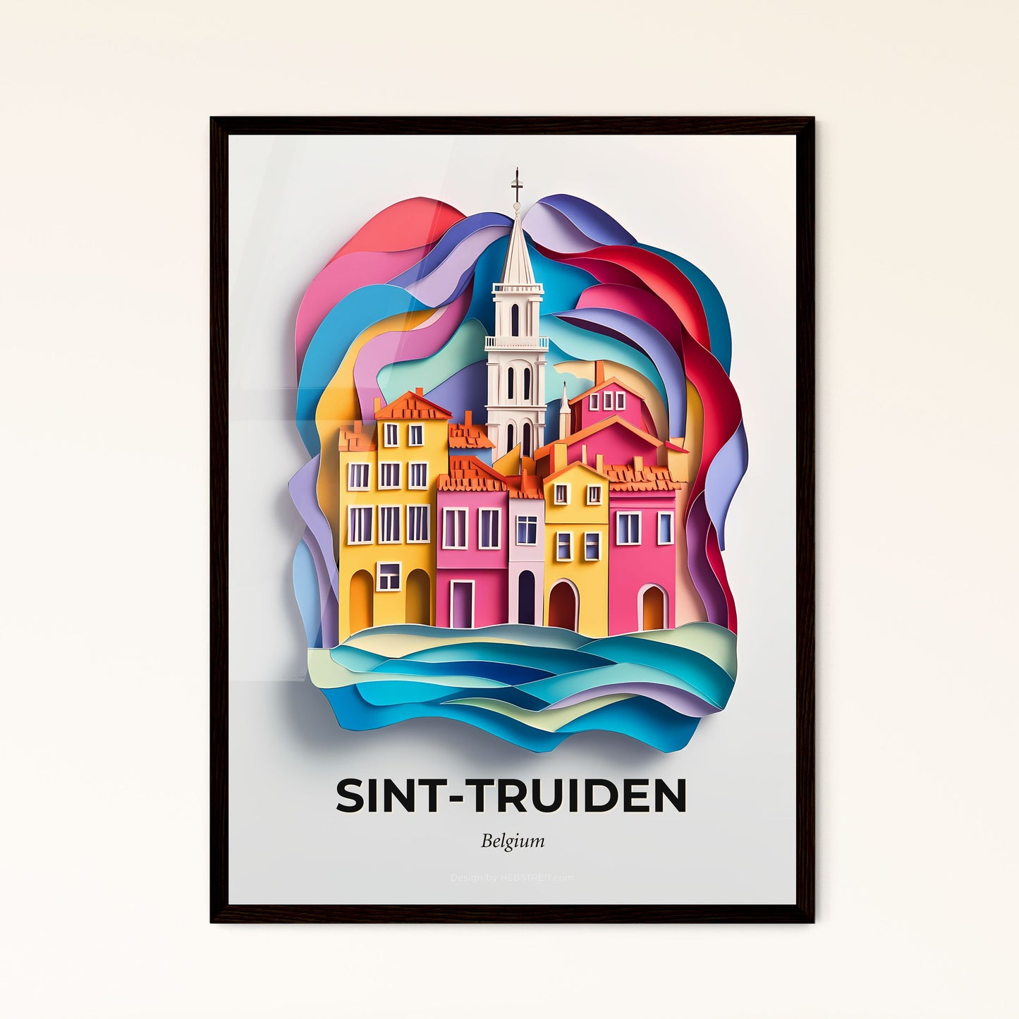 Vivid Sint-Truiden , Belgium - a paper cut of a church tower and a river