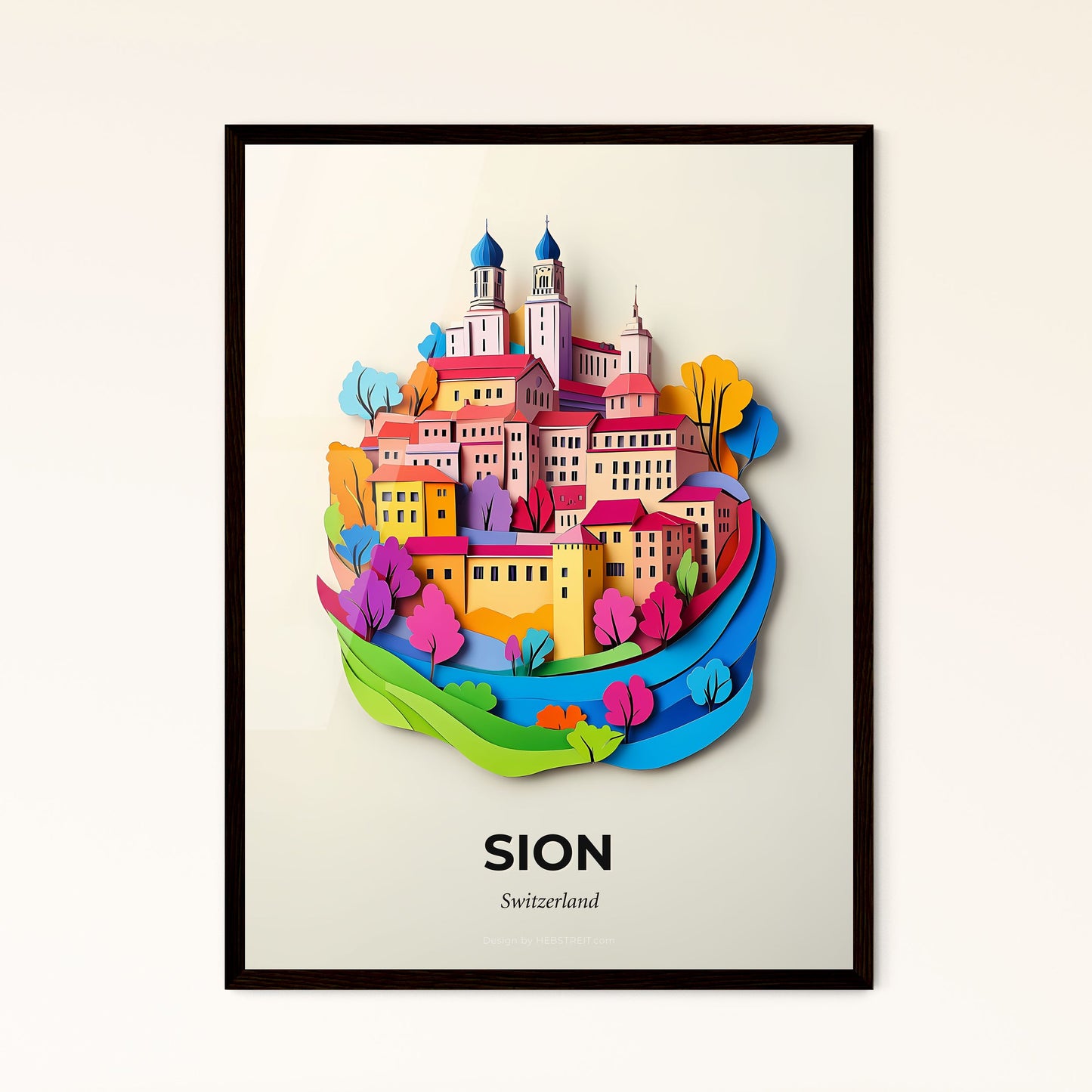 Vivid Sion, Switzerland - a paper cut of a city with a river