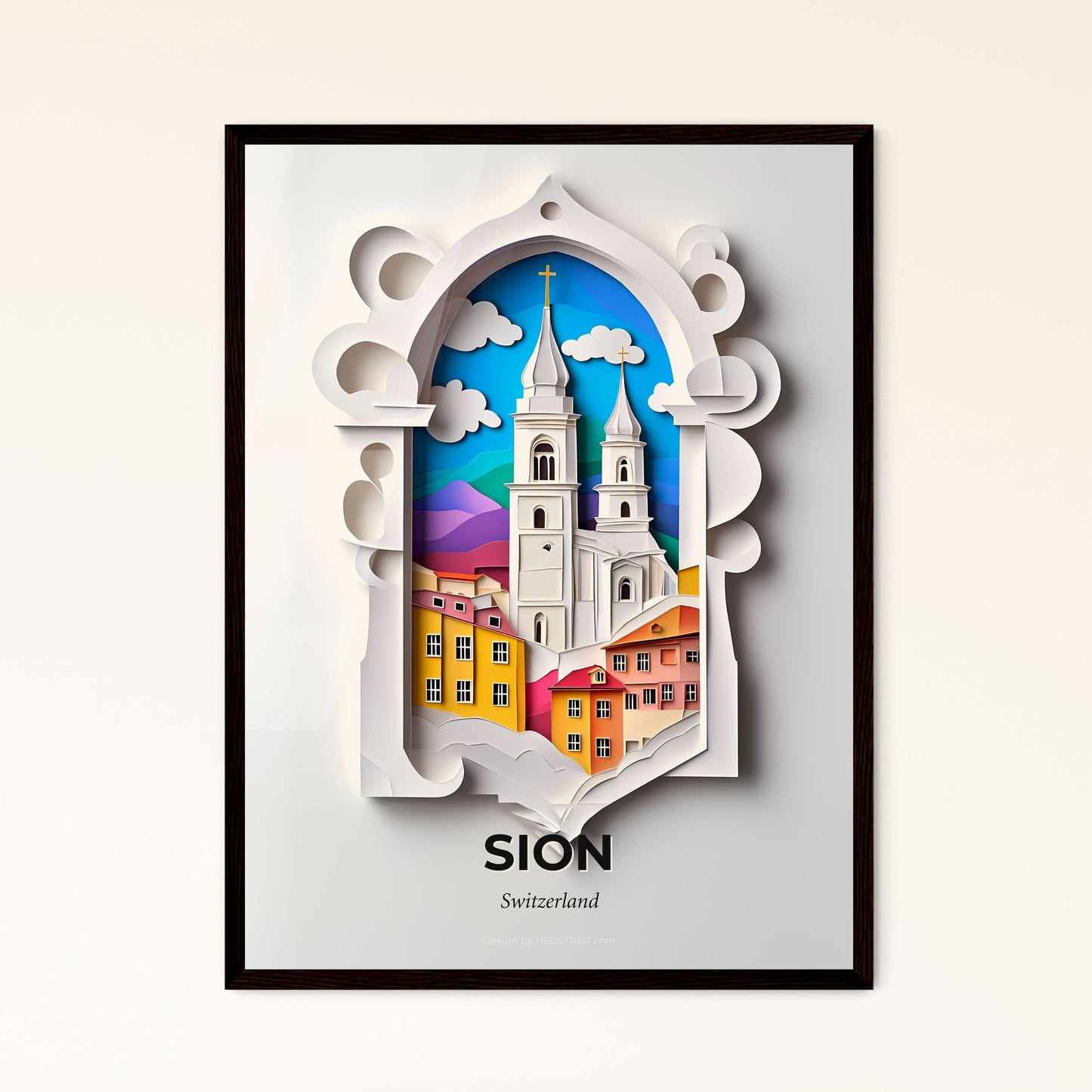 Vivid Sion, Switzerland - a paper cut of a church with a sky background