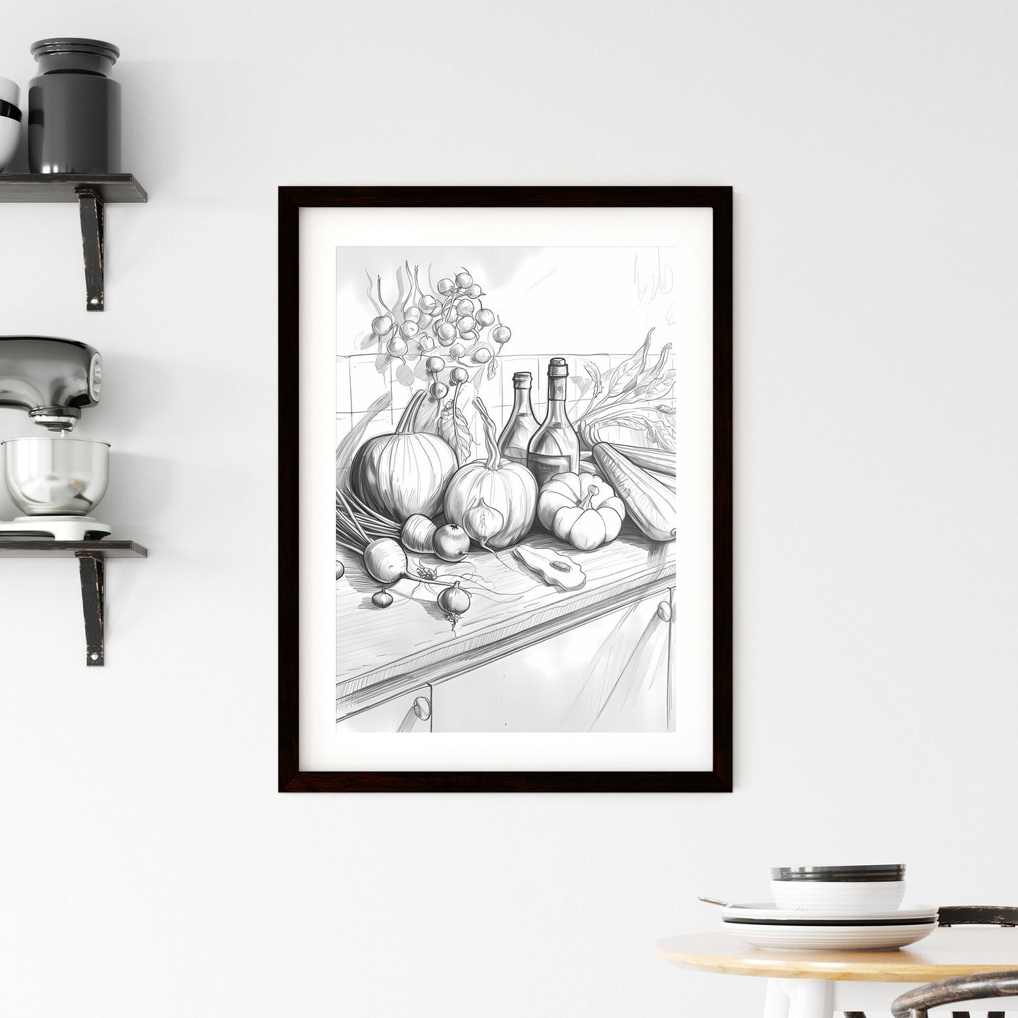Vibrant Still Life Painting: Vegetables, Wine, and Kitchen Countertop Art Default Title