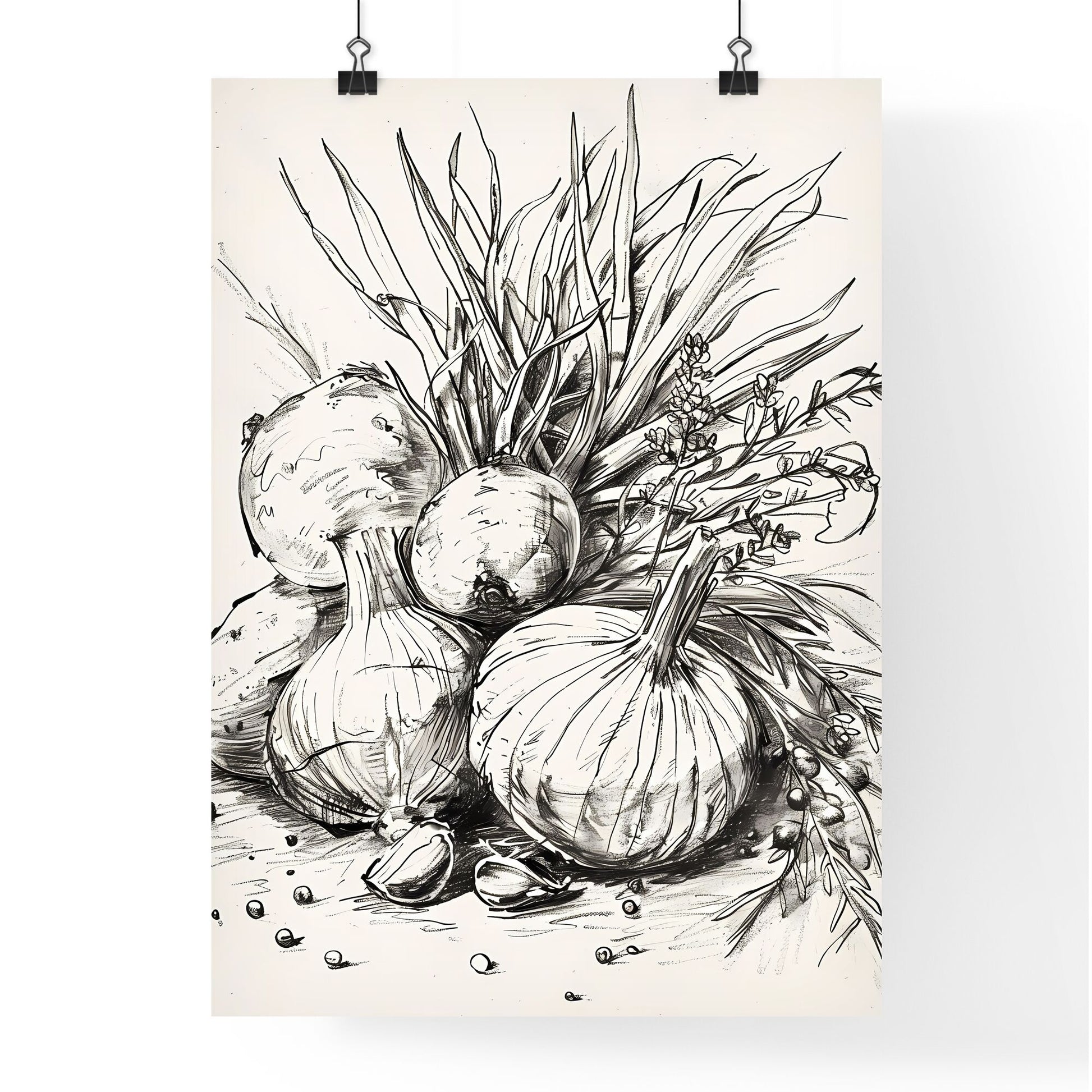 Vibrant, Artistic Kitchen Countertop Sketch: Onions, Garlic, Vegetable Painting Default Title