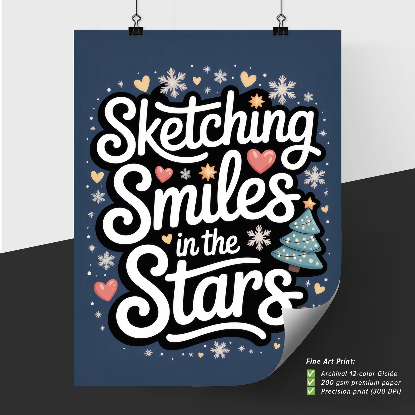 Whimsical Typography Design Featuring 'Sketching Smiles in the Stars' with Festive Elements and Colorful Accents.