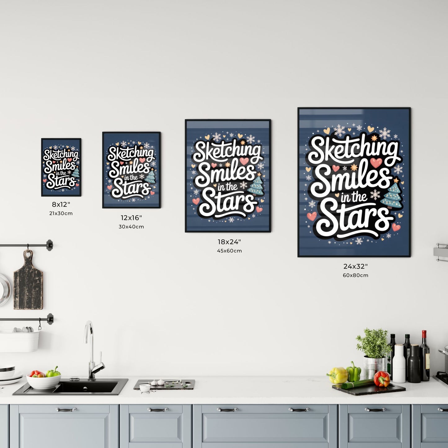 Whimsical Typography Design Featuring 'Sketching Smiles in the Stars' with Festive Elements and Colorful Accents. Chart