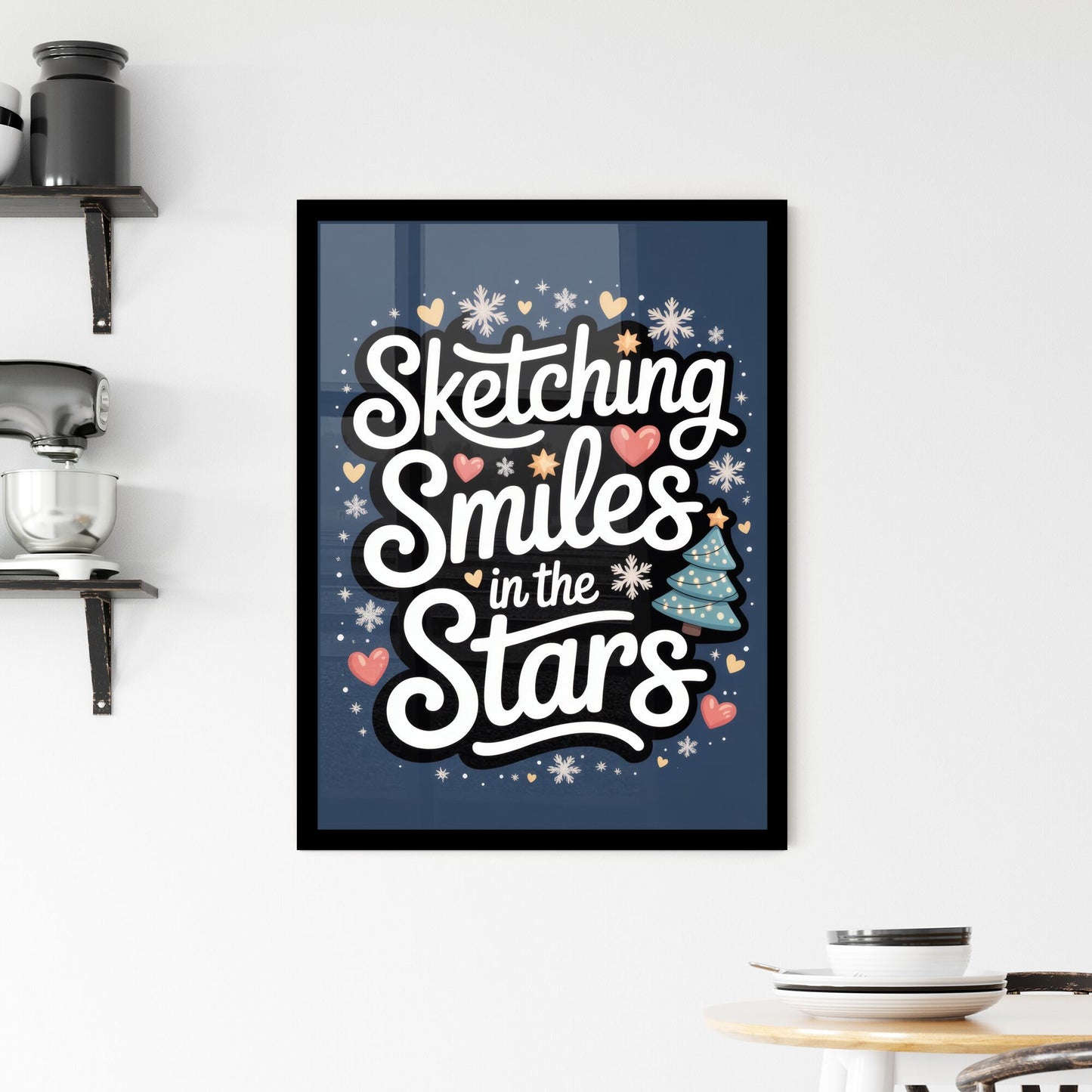 Whimsical Typography Design Featuring 'Sketching Smiles in the Stars' with Festive Elements and Colorful Accents. Framed Print
