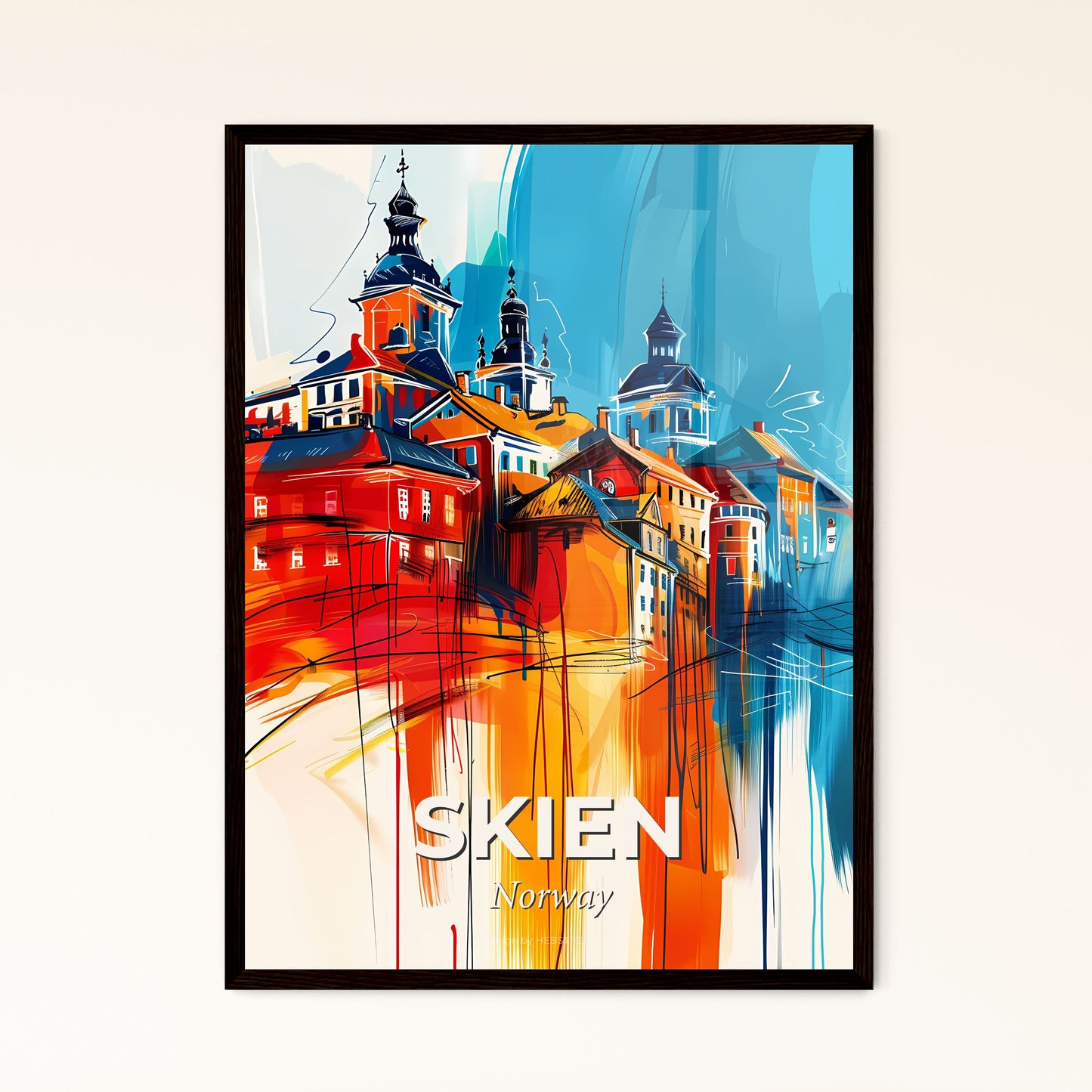 Vibrant Skien, Norway - A Painting Of Buildings And A Street Light