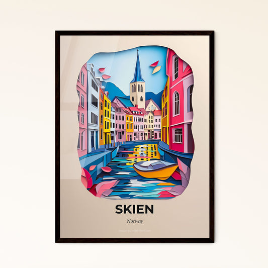 Vivid Skien, Norway - a painting of a boat in a canal with buildings