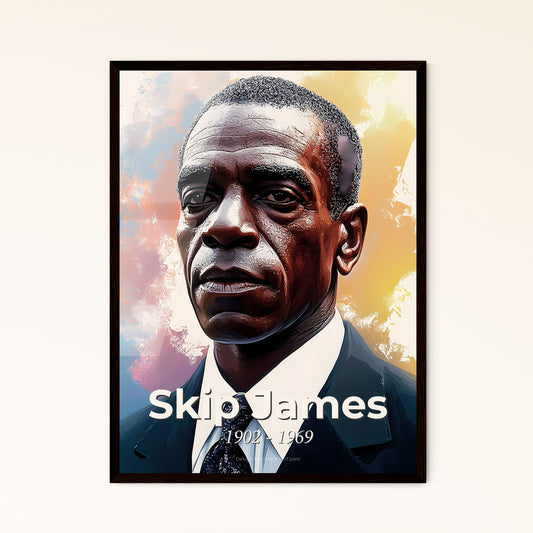 Portrait of Skip James, 1902 - 1969. Impressionistic painting of a man in a suit.