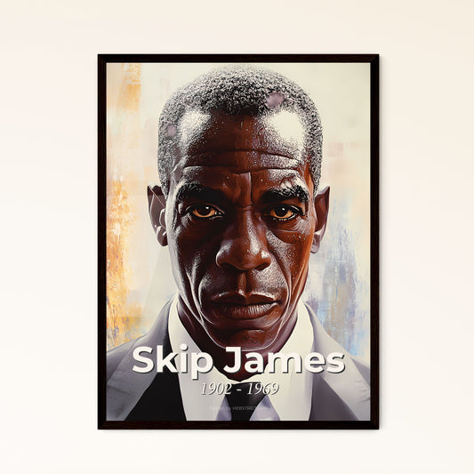 Portrait of Skip James, 1902 - 1969. Impressionistic painting of a man in a suit and tie.