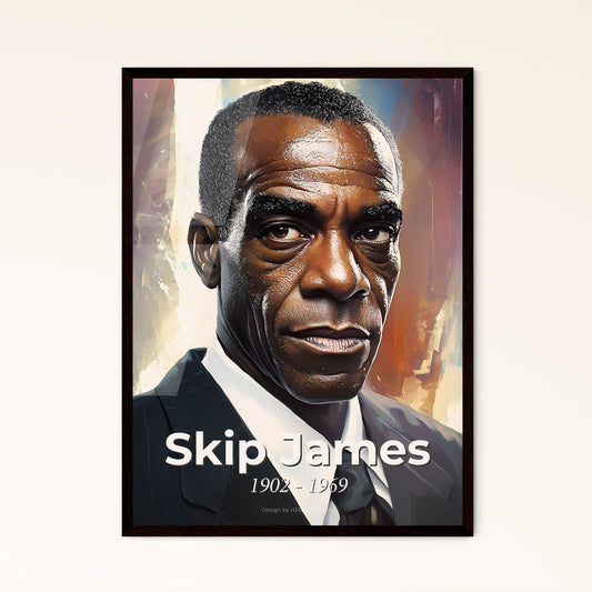 Portrait of Skip James, 1902 - 1969. Impressionistic painting of a man in a suit.