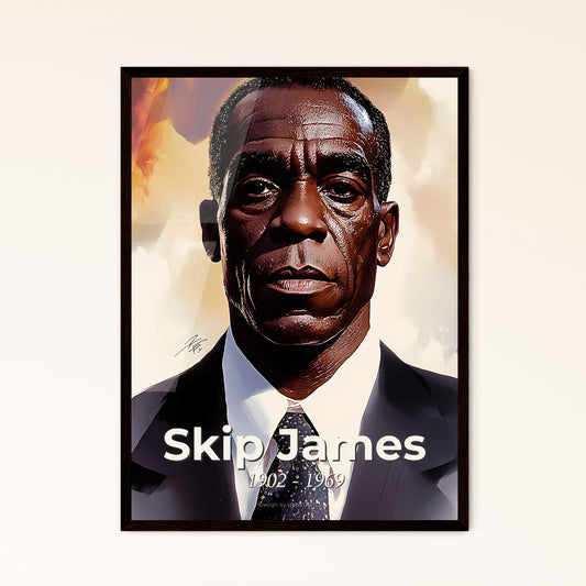 Portrait of Skip James, 1902 - 1969. Impressionistic painting of a man in a suit and tie.