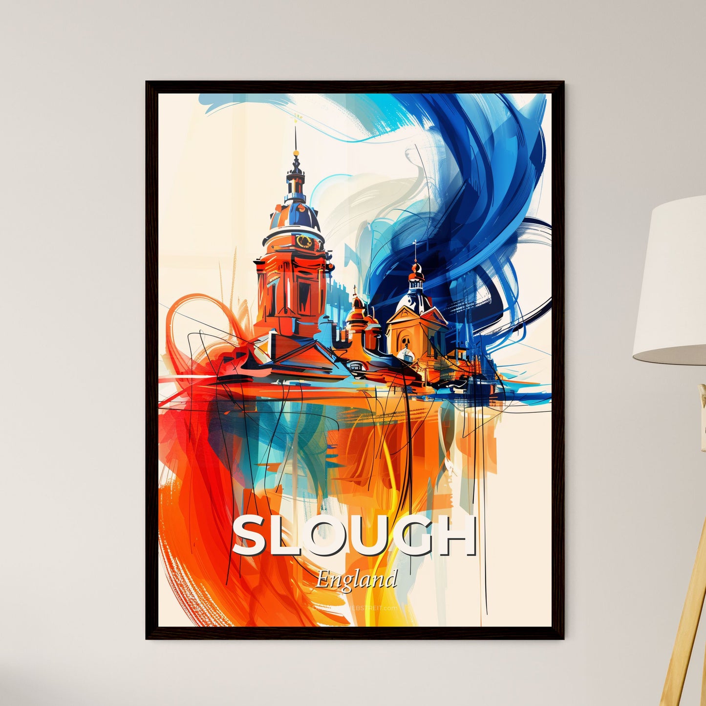 Vibrant Slough, England - A Painting Of A Building With A Tower And A Blue And Orange Swirl