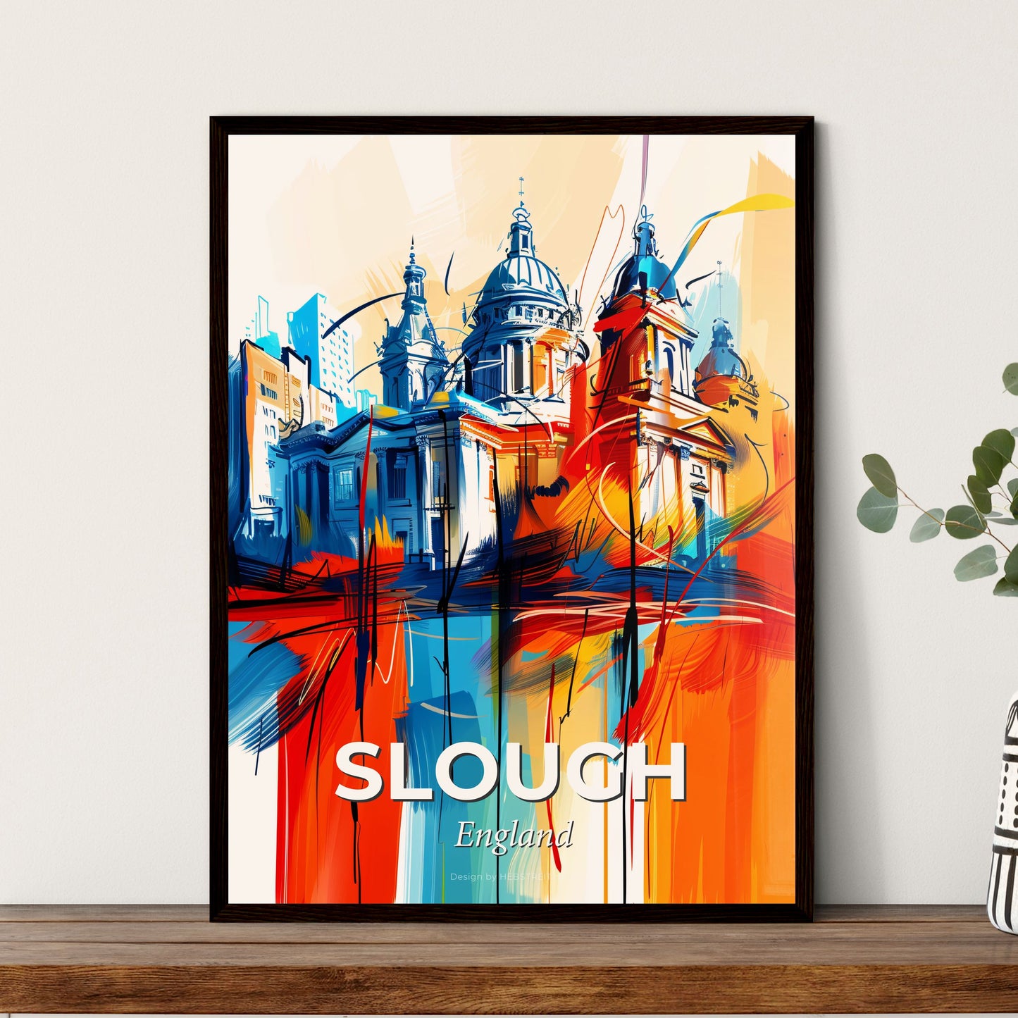 Vibrant Slough, England - A Painting Of A Building With A Colorful Background