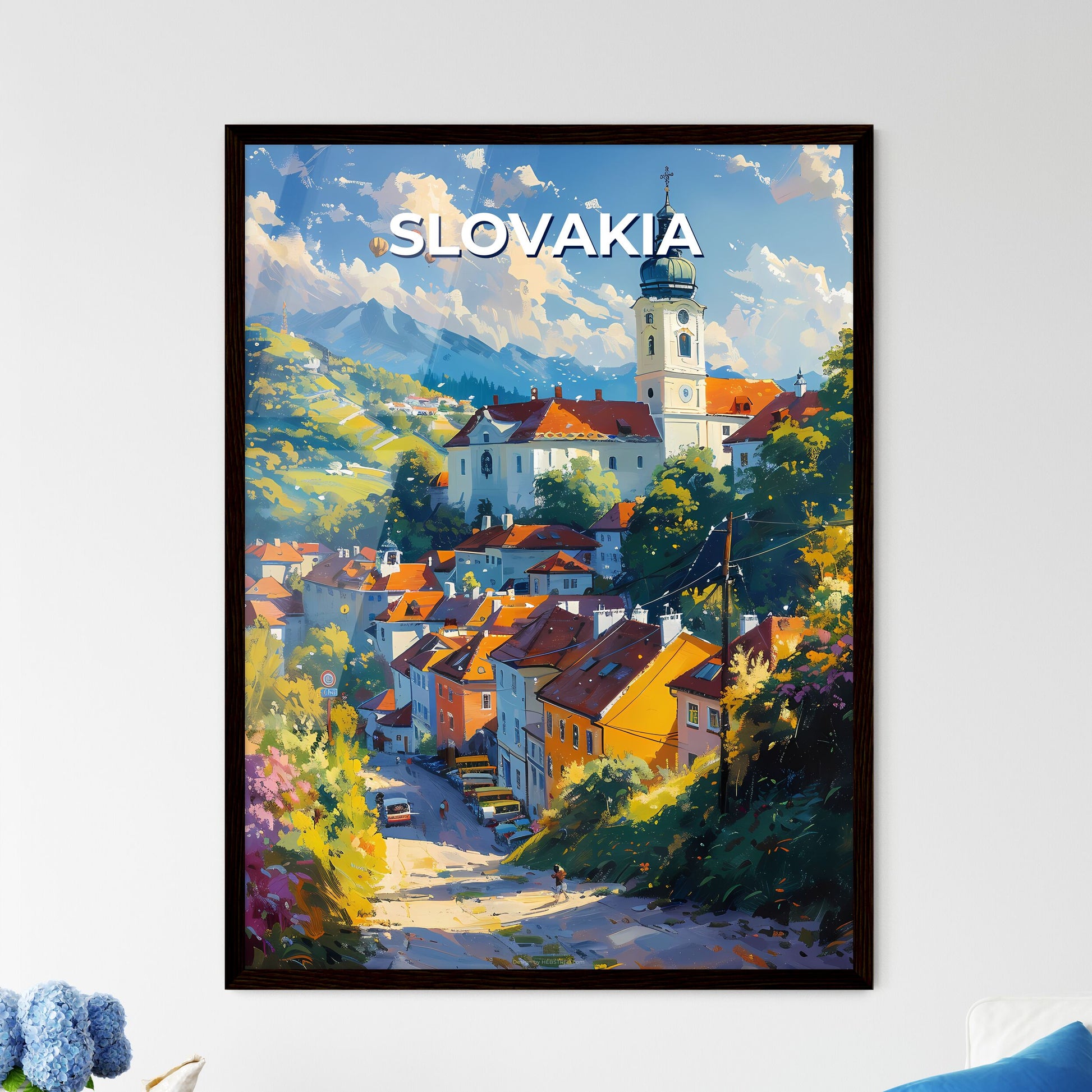 Vibrant Artistic Town Steeple Hill Trees Mountains Slovakia Nature Travel