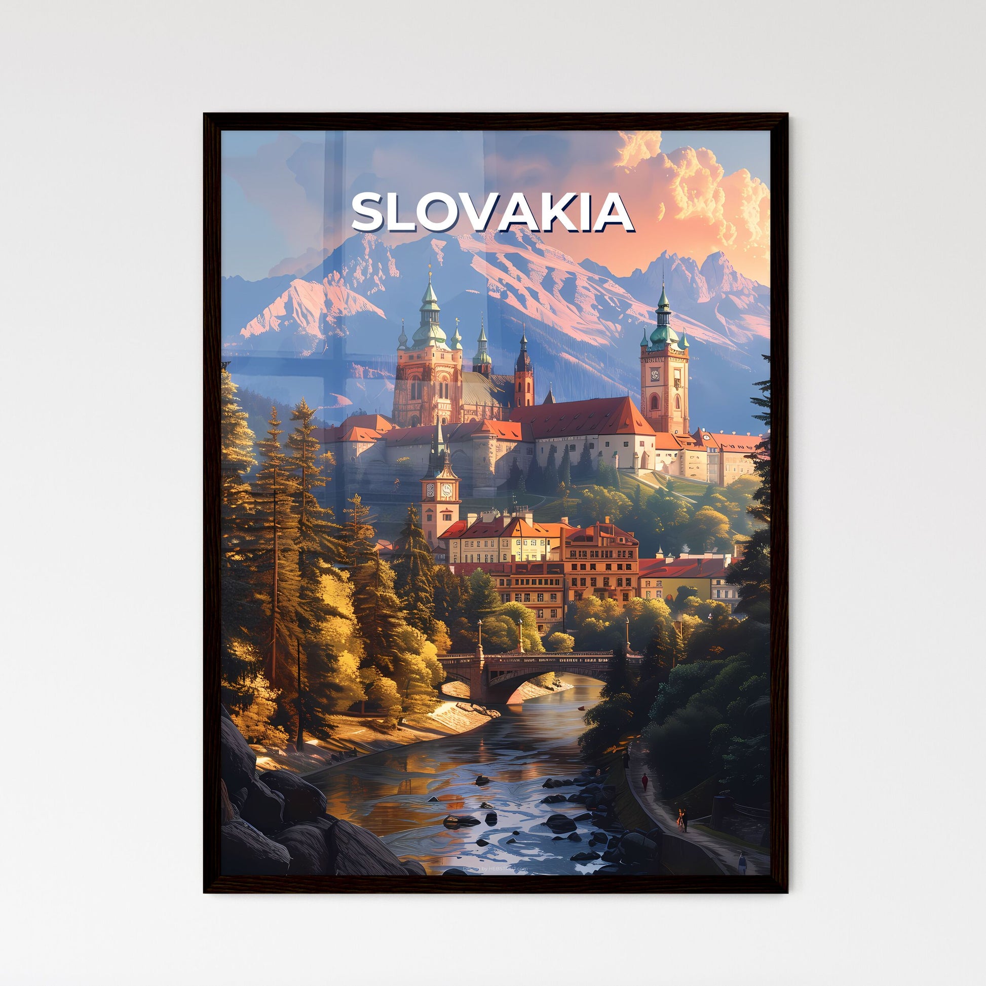 Artistic Impression of a Scenic Slovakian Town by a River with Castle and Mountains